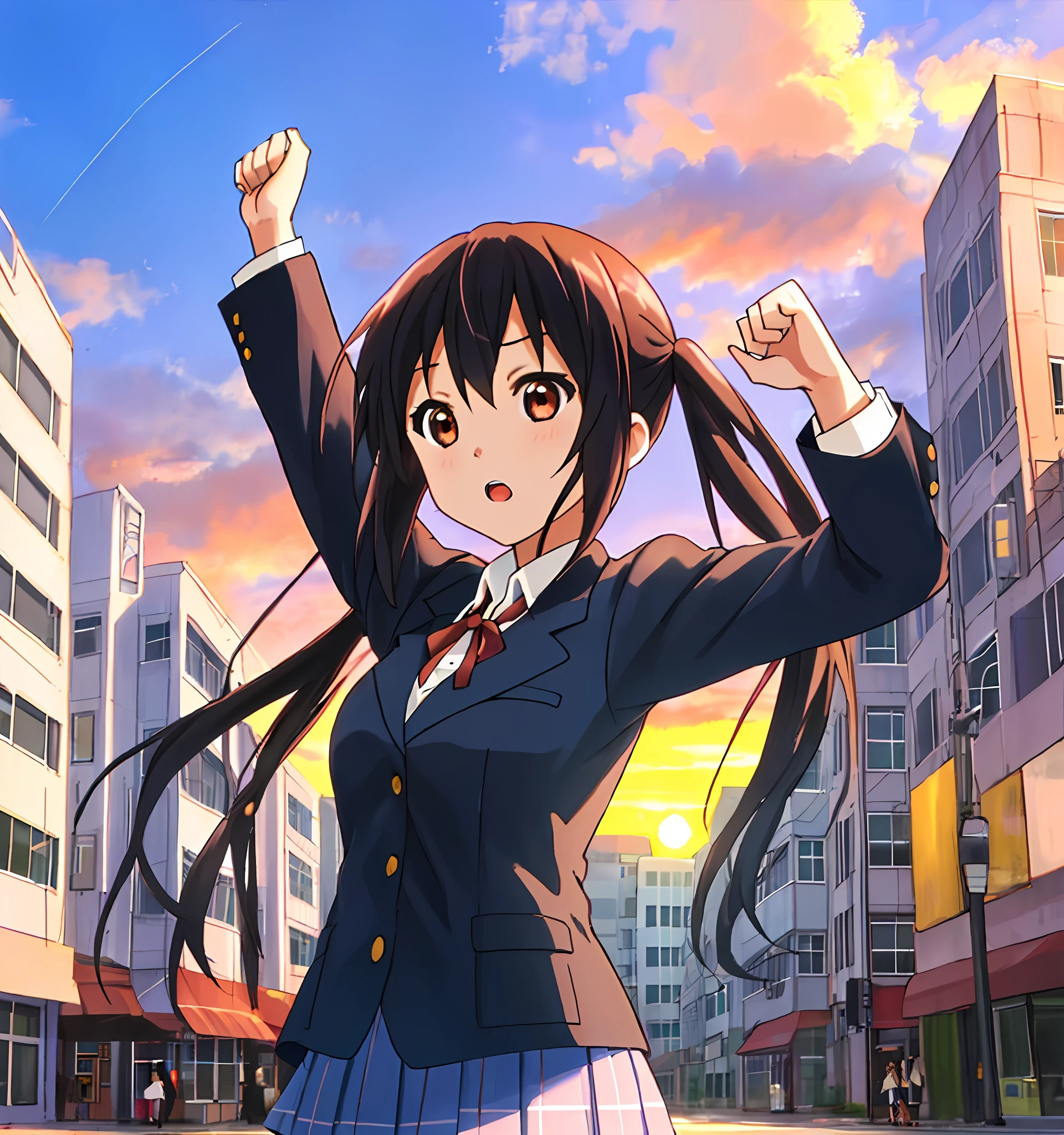 1girl, ((((Masterpiece))), Best Quality, Best Quality, High Detail, Azusa Nakano, 1girl, Sakuragaoka High School Uniform, Musical Instrument, School Uniform, Twin Tails, Long Hair, Black Hair, Brown Eyes, Solo, Red, Dark blue blazer with a thin ribbon of red, Solid white button shirt under blazer, Illustration, Cartoon, Soothing tones, Muted colors, Soft cinematic light, Adobe Lightroom, Photo Lab, HDR, complex and highly detailed, (((depth of field))))). (((Masterpiece))). (((highest quality))).) ((super detail))). (((Illustration))). (((fighting stance))).,((((Gigantic))).dynamic focus. (((skyscrapers))). (((Cityscape))). (((Despair Face))). open mouth. (((Sunset))). (((Sunset))). (((clench fists))). (((Proud))). (((small breasts))). (((Raise arms))). (((One arm is bent))).