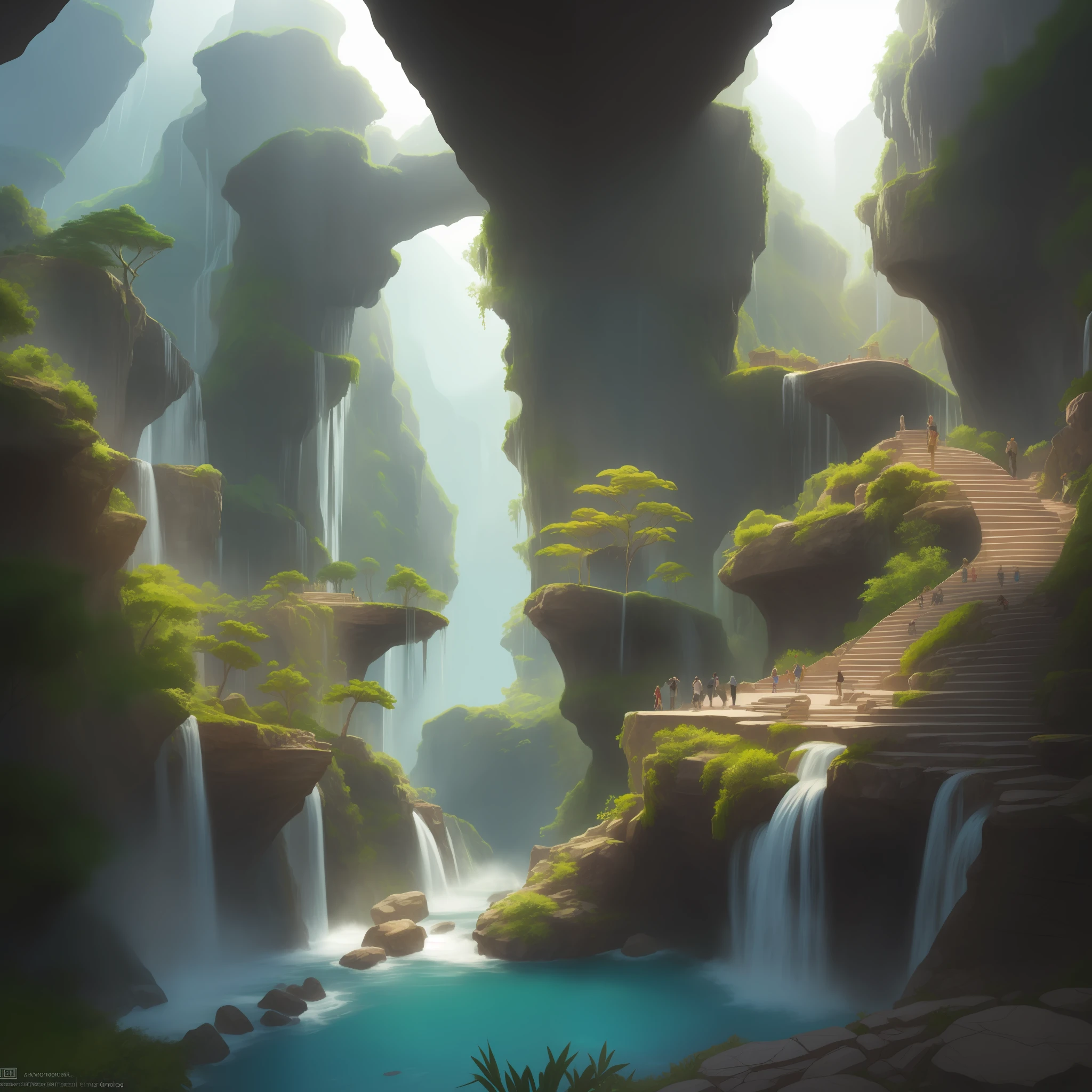 prompt:an awesome sunny cheerful day environment concept art of Futuristic design of cave architecture interiors concept art on grand Canyon caves nature architecture, proportional,detailed, cave architecture nature meets futuristic architecture on a rainforest jungle cliff with huge waterfalls,Crepuscular rays, nature meets modern architecture in the style of Aries Moross, Rem Koolhaas,Daniel Libeskind, Jean Nouvel, Paolo Soleri,Toyo Ito and Philip Johnson with Dry brush drawing style ,Chiaroscuro village,cliff side residential area, mixed development,nature architecture,bright colors,high rise made up staircases, balconies, full of glass facades,carved from rocks, masterpiece, proportional, detailed, trending on artstation, beautiful lighting, realistic, intricate, award --auto