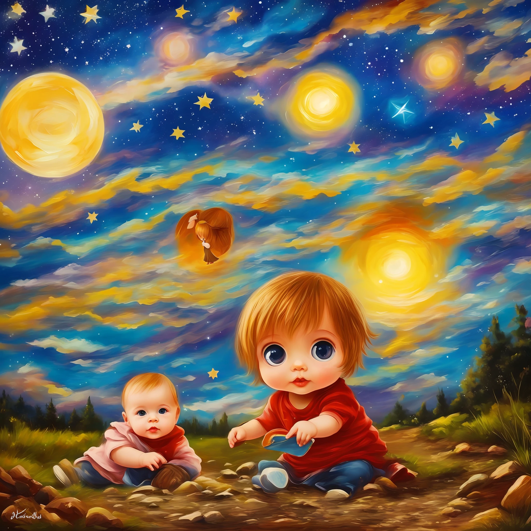a three years old cute baby with big eyes look at the britghest star in the sky, the star shine on baby, the background is on the glassland with oil painting style --auto