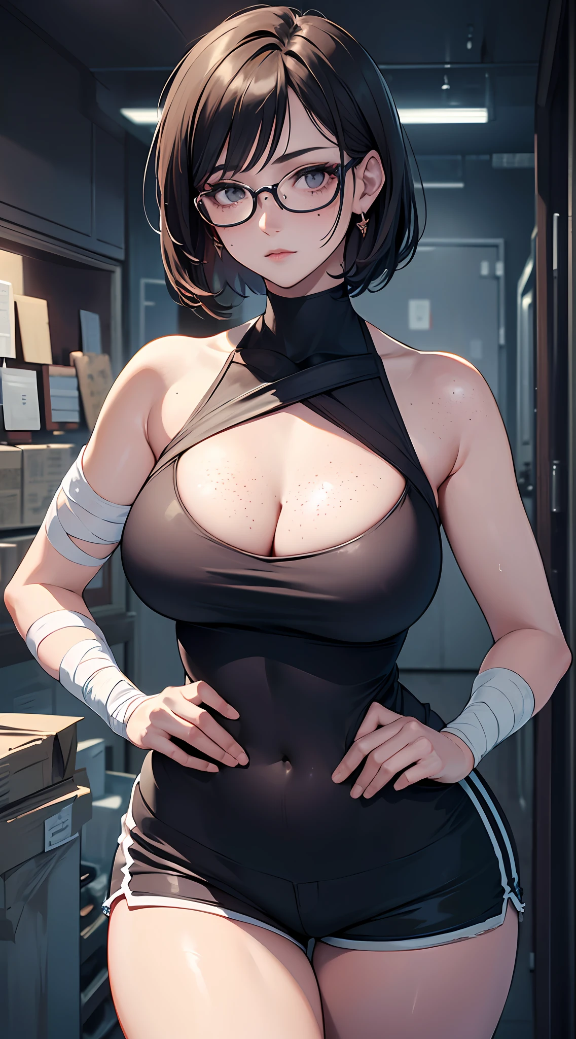((Best quality)), ((masterpiece)), (detailed: 1.4), beautiful woman, healed, defined body, bandaged hands, fighter, bad sycatres, glasses, short hair, freckles, garbage clothes, short shorts, ink, (solo), realistic,((masterpiece)), (best quality), (detailed), (1 girl), large breasts, sexy, thicc