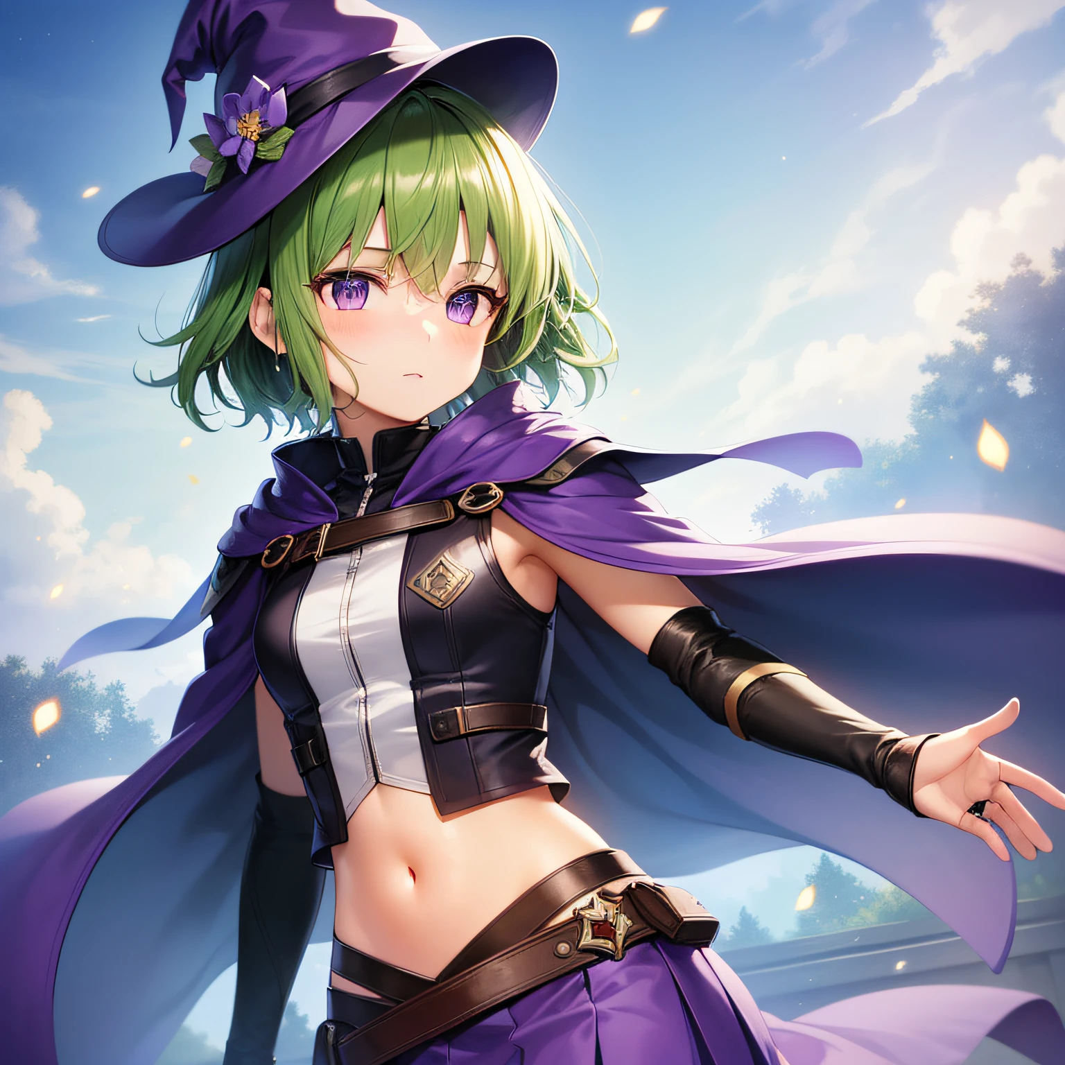 Top quality, very delicate and beautiful, ( girl), purple eyes, alone, green hair, small, short hair, (purple pointy hat), one, tactical vest, short sleeves, purple skirt, purple wizard robe, navel