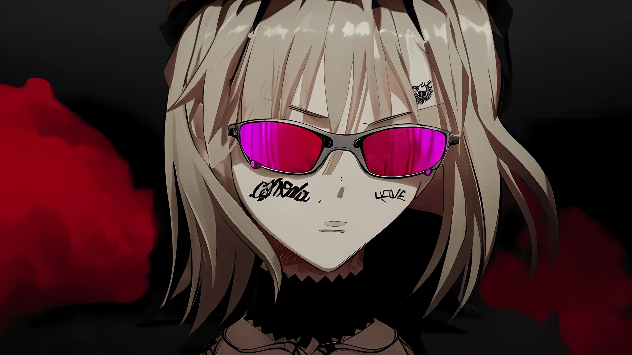 Anime girl with tattoos, with blonde hair and reflective oakley glasses, with a black collar, black dress, light white skin, Saber from Stay Night.