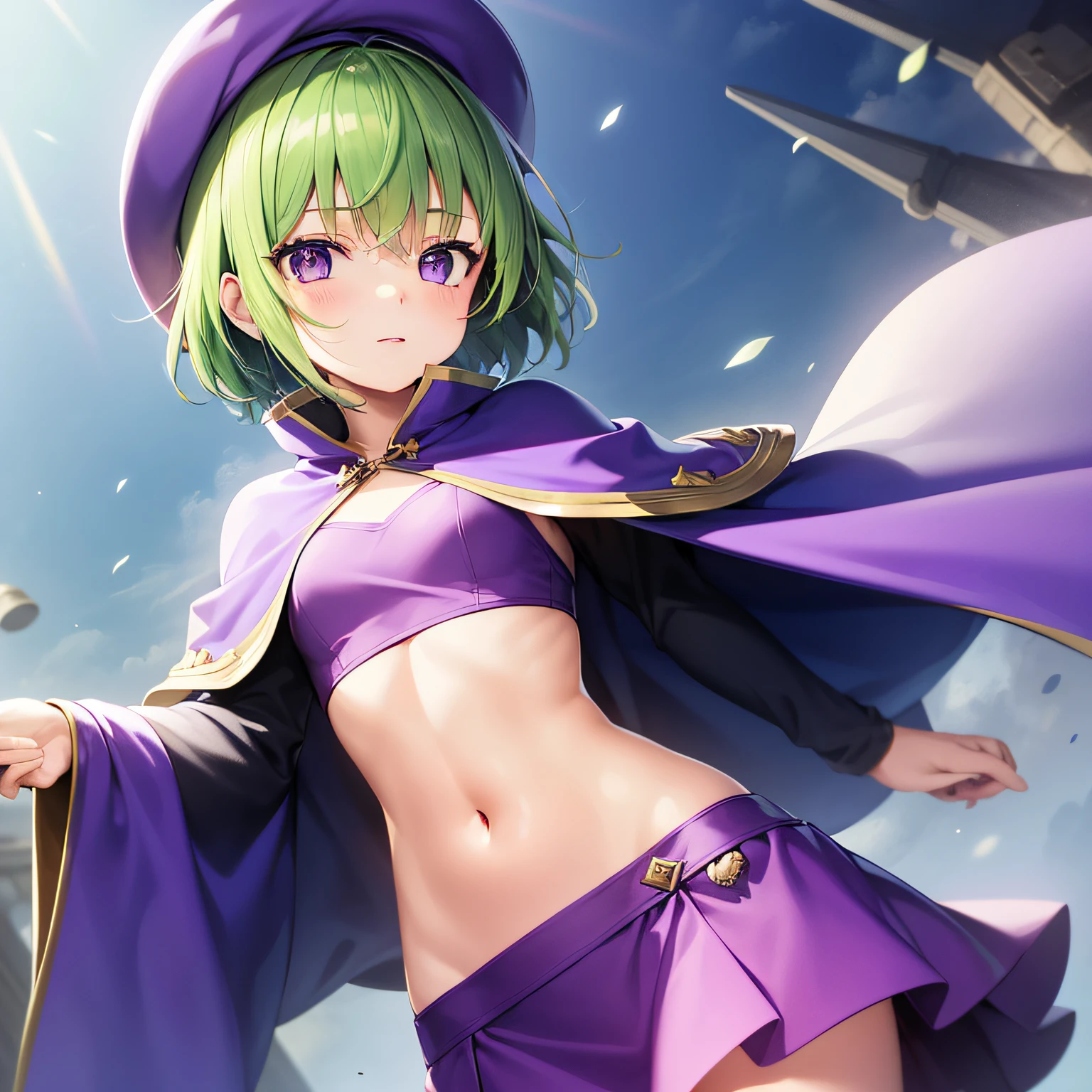 Top quality, very delicate and beautiful, (age girl), purple eyes, alone, green hair, small, short hair, (purple pointy hat), one, tactical vest, short sleeves, purple skirt, purple wizard robe, navel