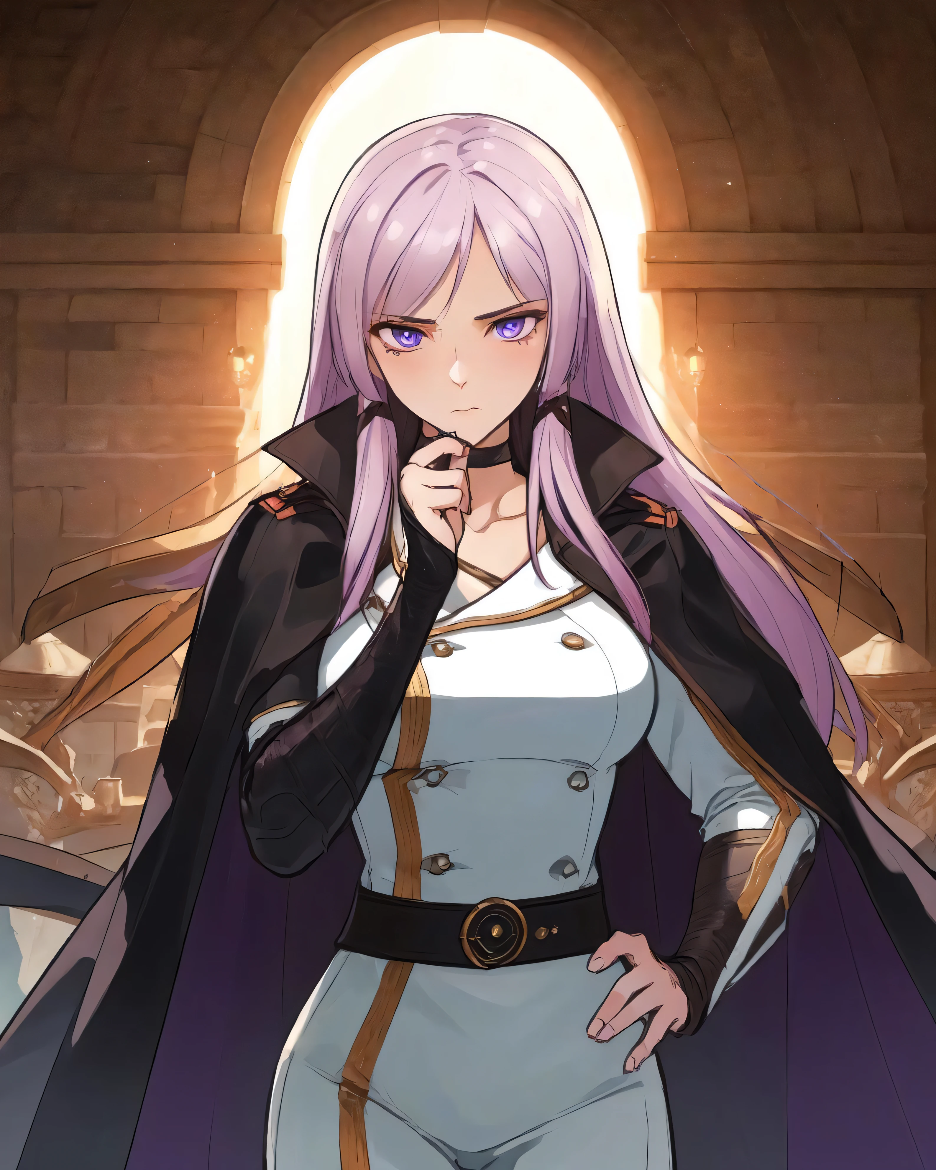 e7 Lilias wearing a purple cape,
(masterpiece), best quality, highres, 4k, 8k, Detailed Illustration, intricate detail, cinematic lighting, amazing quality, 1girl, fit female, amazing shading, soft lighting, facing camera, perfect eyes