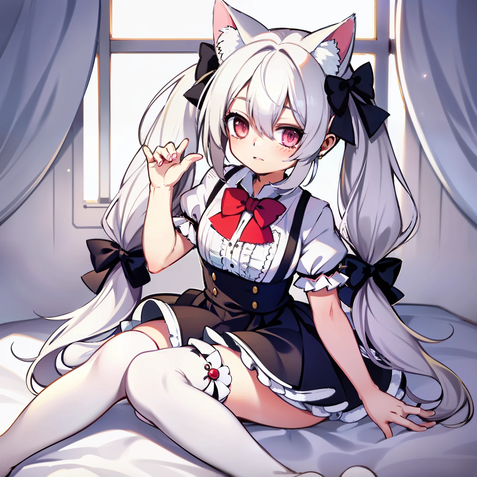 female, little girl, ((maid)), fair skin, (cat), pretty eyes, glowing eyes, empty eyes, (cat ears), blush, nervousness, long hair, gray hair, dull hair, lolita costume, mary cheren shoes, bumpy figure, kneeling, table, chair, (((bed)), indoor,