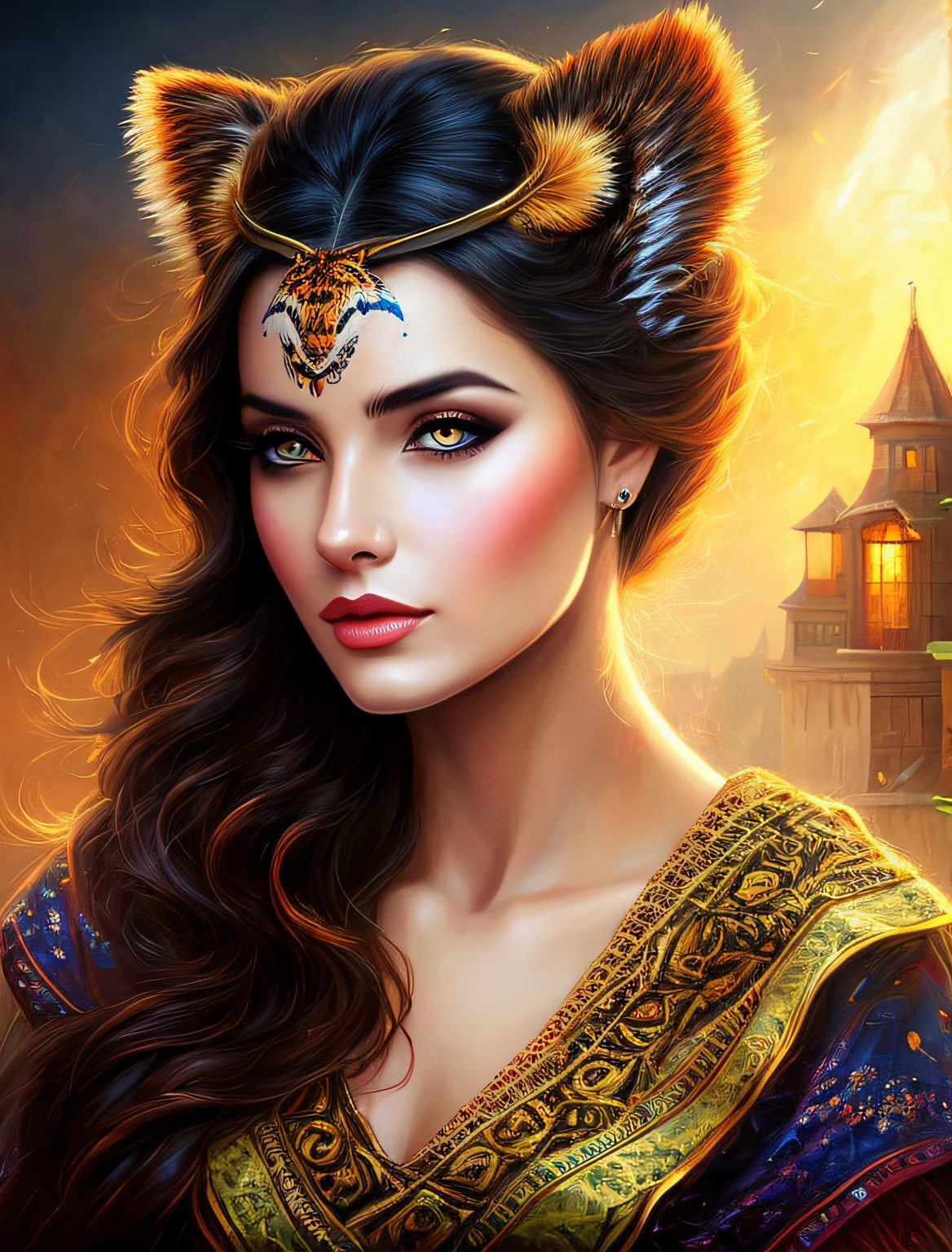 painting of a woman with a tiger on her head, stunning digital illustration, behance fantasy art, full length Aztec princess portrait, Karol Bak UHD, fantasy concept art portrait, fantasy portrait art, 4K detailed painting, Deviantart Artstation CGSCOSIETY, beautiful digital artwork, Alena Aenami and Artgerm, Warrior Amazon, Amazonian