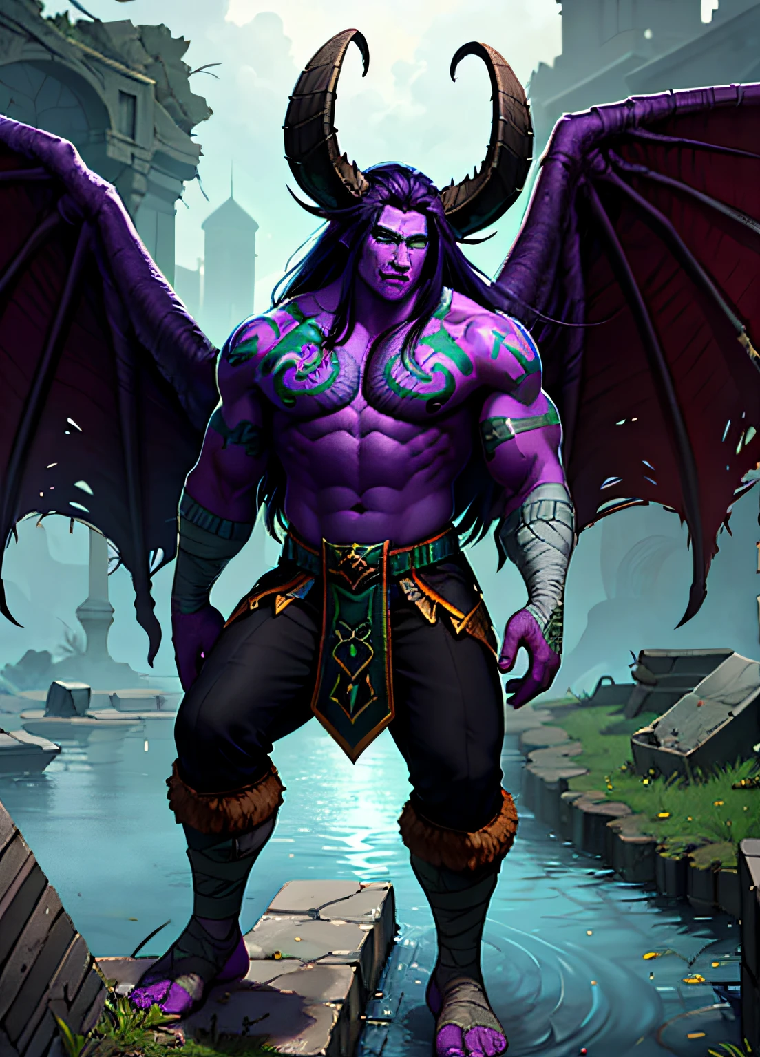 1boy, burly muscular ilidari, scar, purple skin, wings, horns, bright green eyes, long hair, tattoo, bandages, jockstrap, green magic, ruins, water, reflection, volumetric lighting, best quality, masterpiece, realistic,