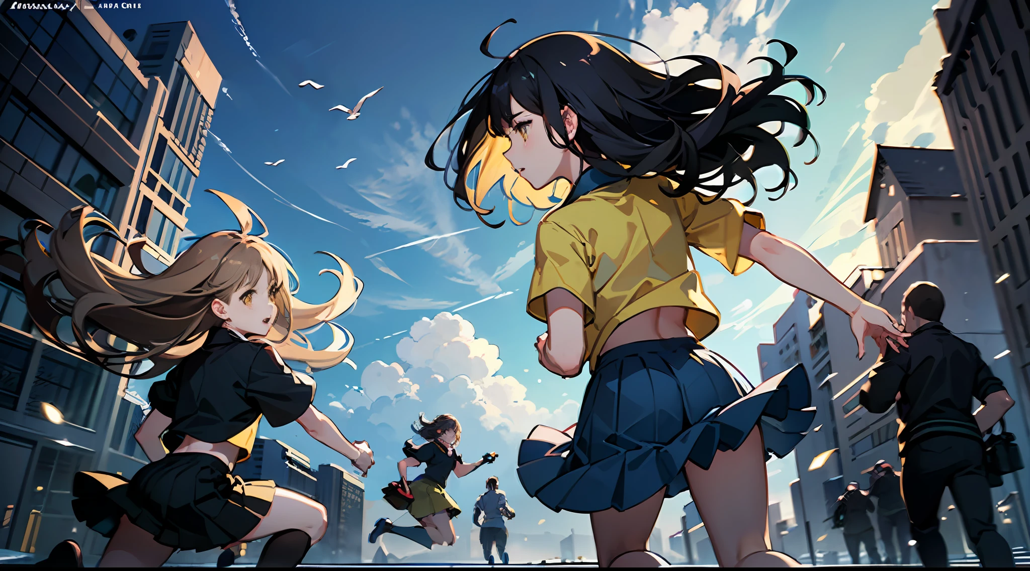 ((Masterpiece, Best Quality)), Contrast between Warm and Cold, Dark Night, Strong Light Source, Illustrations, 1 girl, sprinting towards the center of the picture with her back to each other, Full body, Behind loose curls, a ball head, brown-yellow eyes, short yellow sleeves and short blue skirt, clouds, complex architecture,