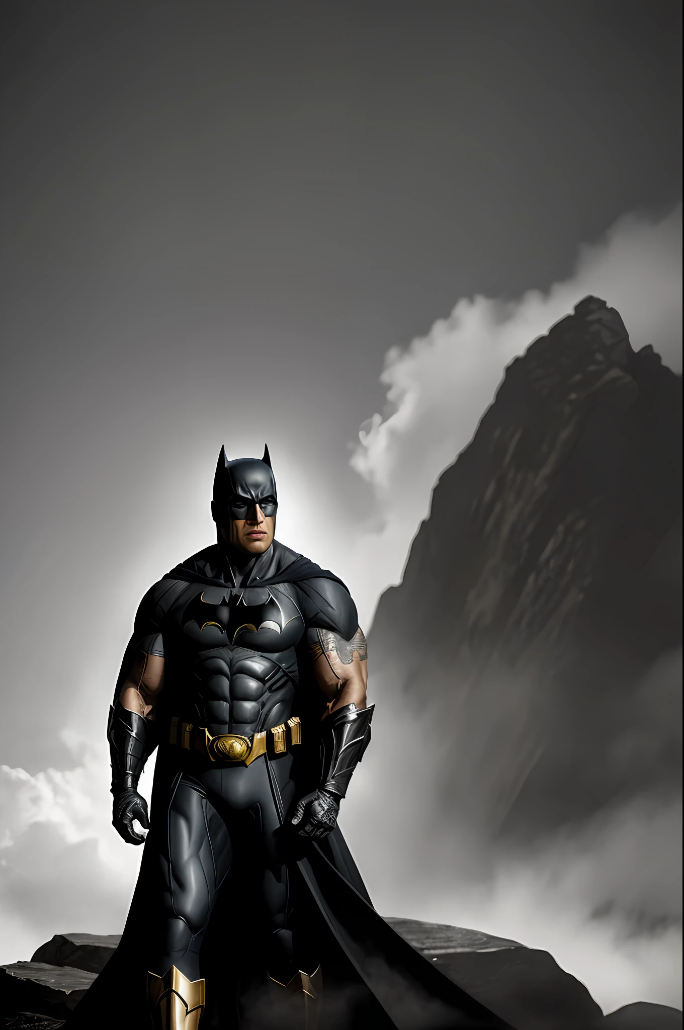 (16k, RAW photo, best quality, masterpiece: 1.2), ultra-detailed, formal art, photo realism: 1.37, full body photo, (man, beauty,( Dwayne Johnson)film grain, Batman Beggins action pose