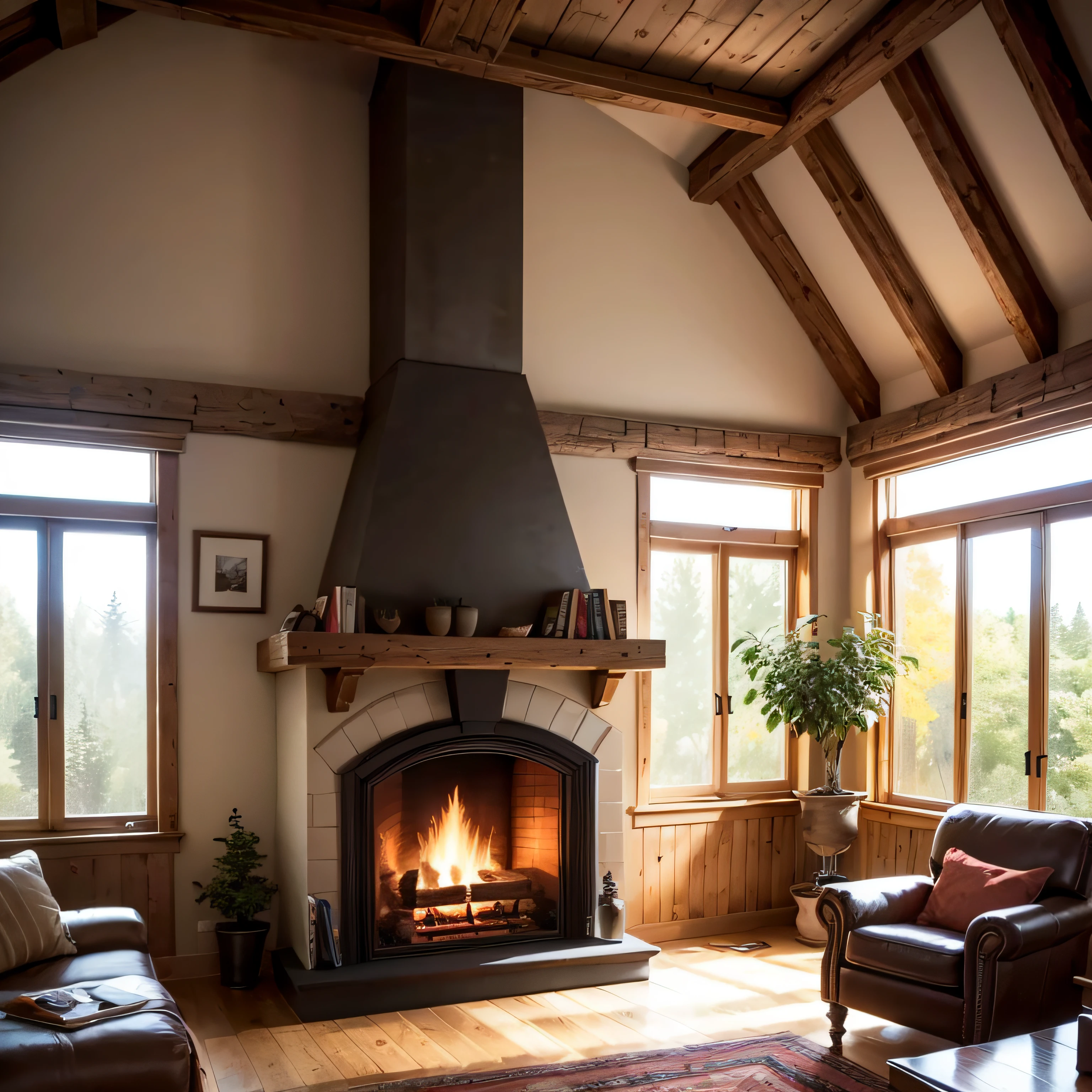 Fireplace in the living room with stone fireplace and wooden furniture, roaring flame inside the fireplace, window next to the fireplace with a view of the suburban forest outside --auto