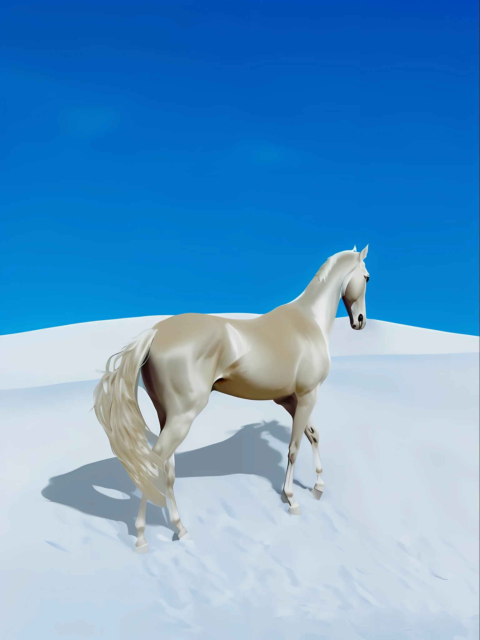 there is a horse with white wings and horns standing in the snow on a hill, a white silver painting, an all white horse, sand desert fantasy, white horse, digital horse, inspired by John Frederick Herring, Jr., Arab, the valley of the horse see, beautiful serene horse, inspired by John Frederick Herring, Sr., beautiful horse,  Digital art of an elegant white desert