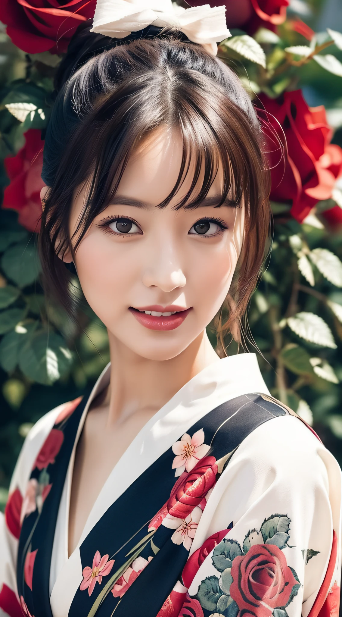 (kimono made of real roses, lots of roses), retro art, 60s style, top quality, 8k, masterpiece: 1.3, clear focus: 1.2, beautiful woman with perfect figure: 1.4, highly detailed face and skin texture, detailed eyes, lips, smile