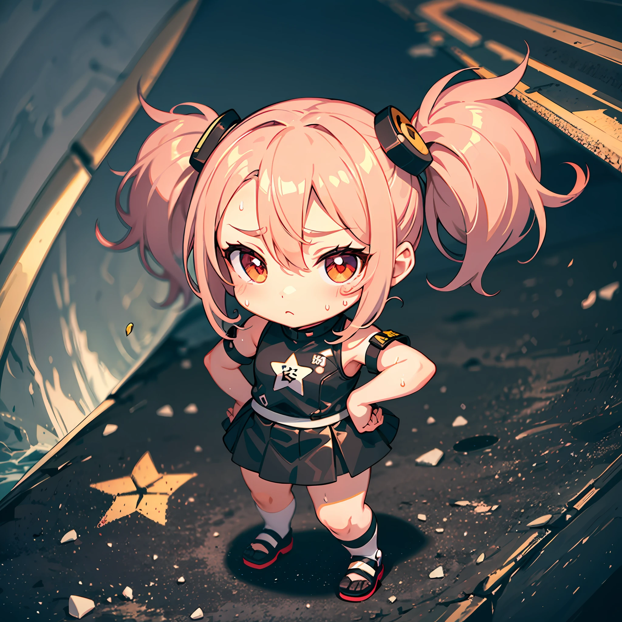 ((Chibi character)), Sticker, Intense heat, Asphalt baking, Kongari, Good grilling, Asphalt, Sweaty, Sweaty lot, Intense heat, Midsummer, Under the scorching sun, Girl, Lolita, Lady pose, Full body, Deformed, Chibi character