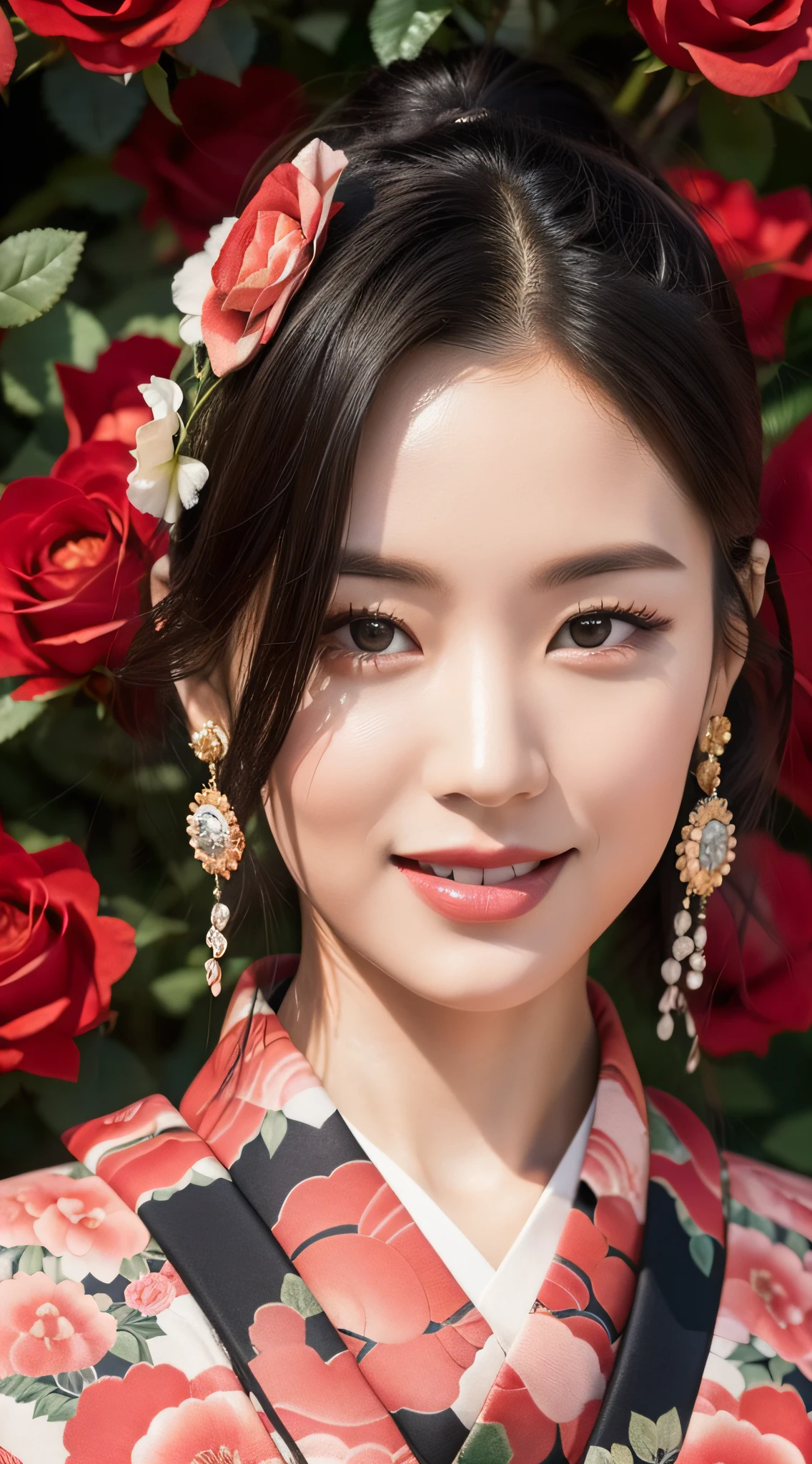 (kimono made of real roses, lots of roses), contemporary art, top quality, 8k, masterpiece: 1.3, sharp focus: 1.2, beautiful woman with perfect figure: 1.4, highly detailed face and skin texture, detailed eyes, lips, smile