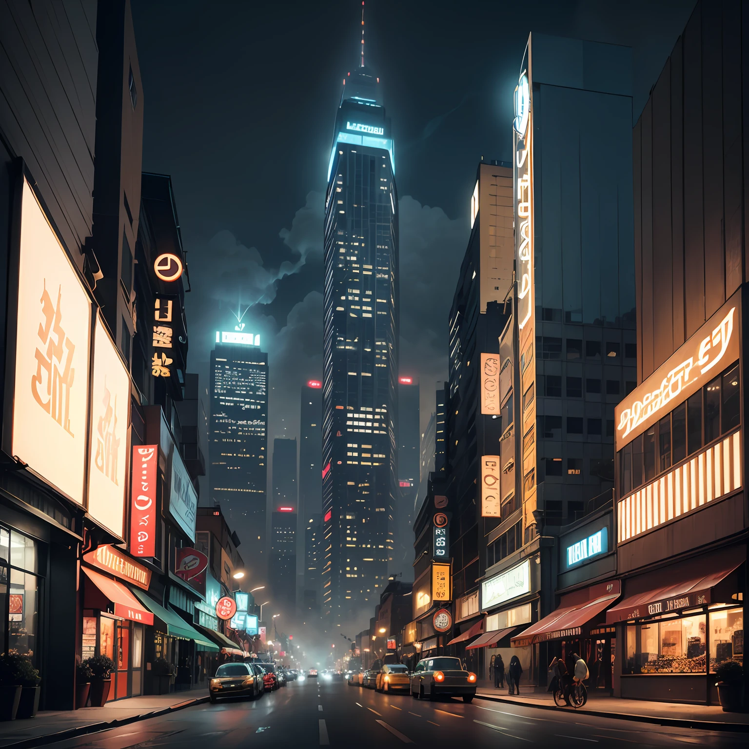 create city side view, orthogonal, full of buildings, (vintage style buildings, night environment), (city with buildings taken by biological undergrowth), (buildings full lights vintage colors), vintage climate bustling city full of (vintage vehicles on the streets), (storefronts with vintage light signs), air with fog weather at night, large metropolis full of vintage style skyscrapers, (vintage architecture), --auto