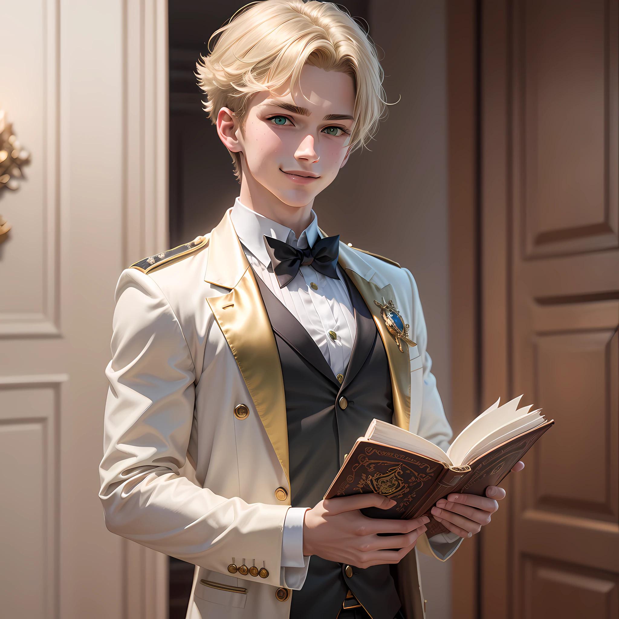 A young Caucasian boy of about , short blond hair with pompadour cut style, suspicious-looking green eyes, alpha smile, wearing a British-style school uniform and open robe with gold details and ruby cufflinks, owns a magical book, made of silver.