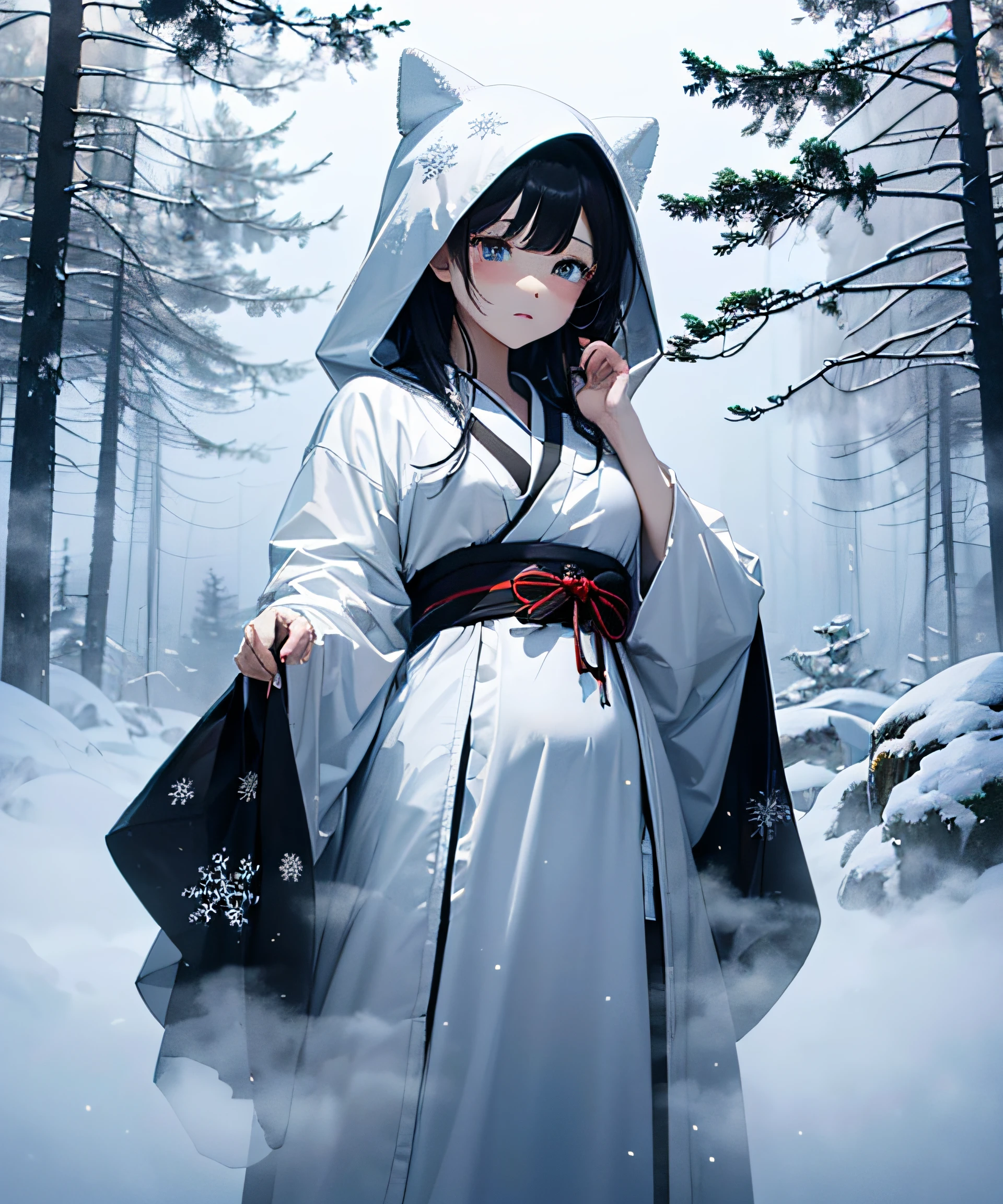 Masterpiece, Illusion, Ghost of a Girl, White Outfit, ((Death Costume)), (Sutra Mail), (Triangular Hood on the Forehead), Japan Kimono, Monochrome, (Full Body), (Snowy Forest), (Dream: 1.2), Scary Dream, ((Dense Fog: 1.8)), (Fog so thick that it is difficult to see the figure)), (Den), Dry Ice, (((Coming out of dense fog: 1.8))), (Image born from dense fog: 1.8)))), ( Gradation from white to black), (fade in from white to black), (fog dissipation: 1.5), (snow storm: 1.5), earth storm, dead trees, deep forest, (falling snow: 1.5), (anger), (sadness), (pathos), beautiful snow woman, beautiful and beautiful, ((sea of clouds)), (above clouds)), night, moonlight, long black hair, gloss, snowflake, snowflake hair ornament, snow clouds, dim, soft focus, weak light, light