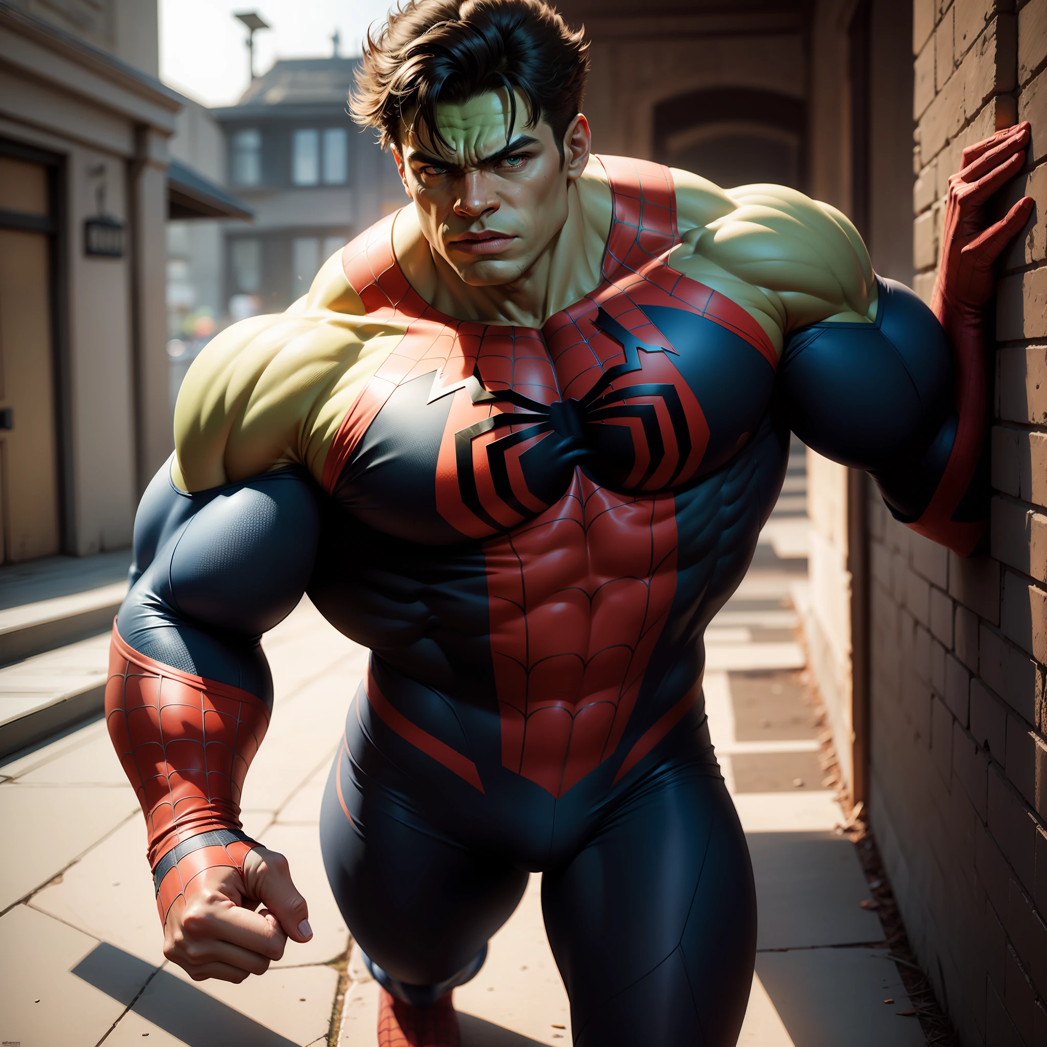 Hulk with spiderman cosplay, full body, realistic, well detailed face, well detailed body, realistic, 8k,