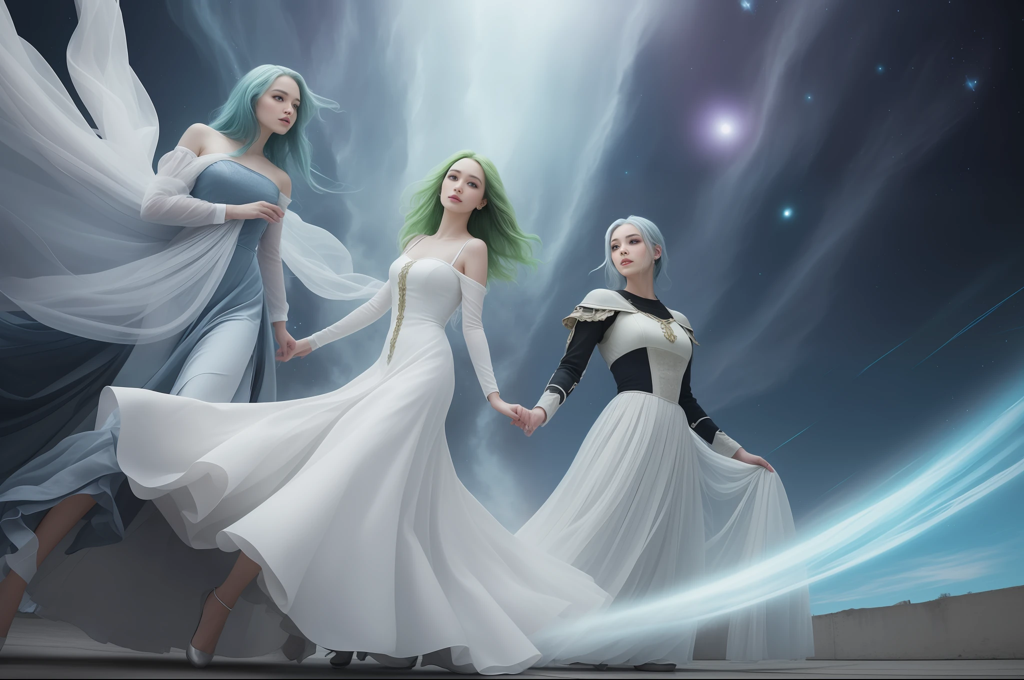 In a captivating image, an elegant green-haired woman dressed in a white medieval dress glides across the sky alongside another elegant woman with bluish hair and blue medieval dress, As they traverse the skies, her flowing dress and iridescent hair create a mesmerizing vision of harmony and supernatural beauty.
HDR, (photorealism, masterpiece quality, best quality), , pureerosface_v1, ulzzang-6500-v1.1,