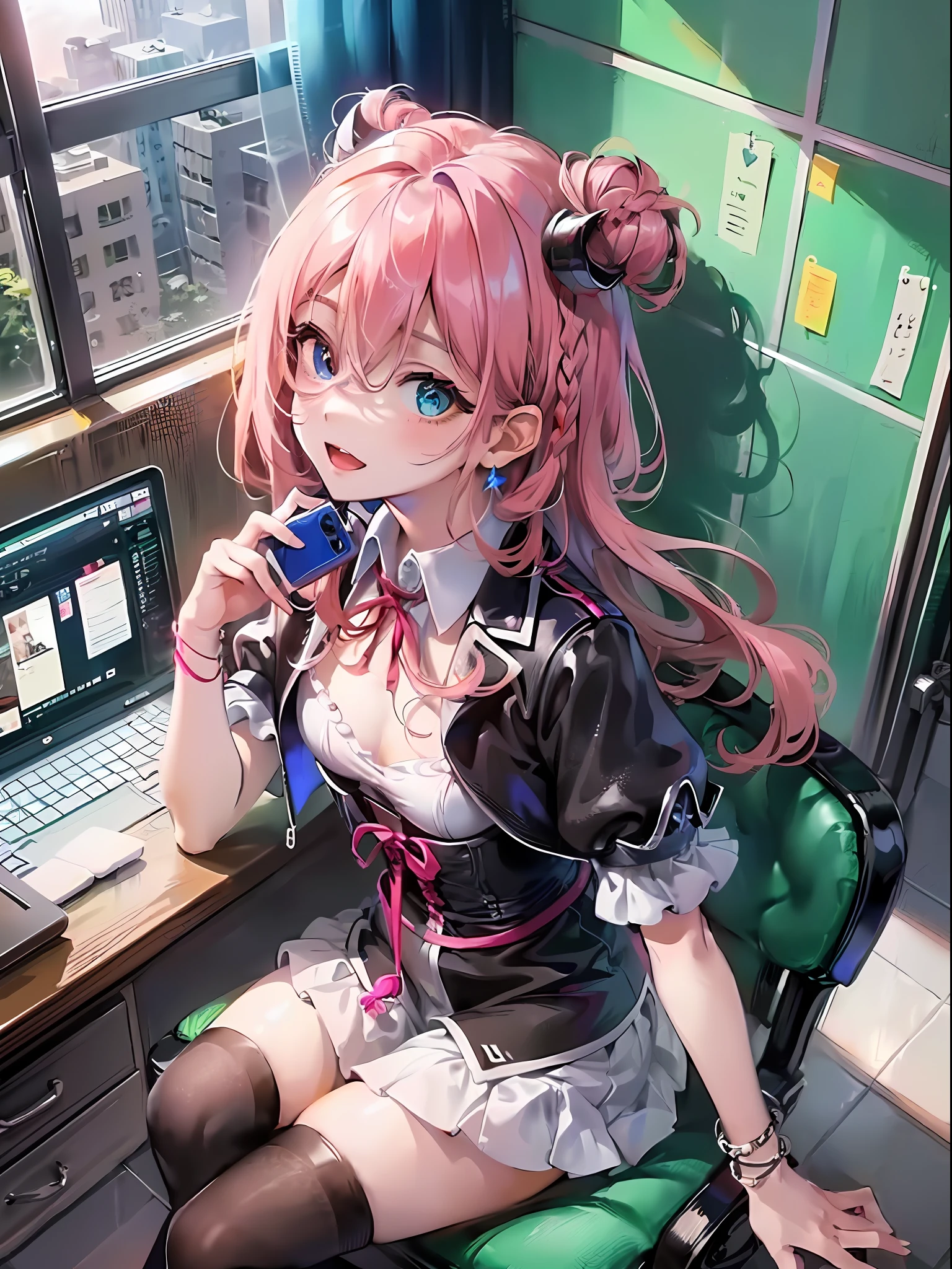 Anime illustrations in the style of "Kyoto Animation", highest quality, (cute: 1.1), (cute), (high resolution: 1.2), incredibly ridiculous: 1.3, incredibly fine illustrations, break 1 beautiful girl, Solo,Small Horns, Short Hair, Big Eyes, Ω, Closed Mouth, Colorful and Bold Corset Mini Dress:1.5,Cute Bikini,String Buns,(Pink Kawaii Room),(Pink Gothic Room),(Messy Room, Marchen,Ribbon,Star Item,Small Window, (heterochromia, light blue eyes and light green eyes), star eye silhouette, solo, standing figure, happy, :d, princess eyes, big breasts, break, braid, light pink hair, semi-long hair, red ribbon at the end of braid, sitting at desk, side angle, looking at pc, looking at iphone, office, worried