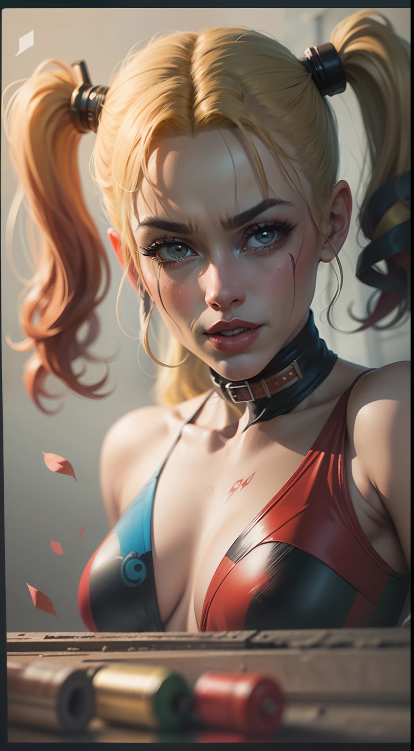 comic style illustration of harley quinn, masterpiece, high resolution, octane, 8k, detailed, sharp focus, shallow depth of field