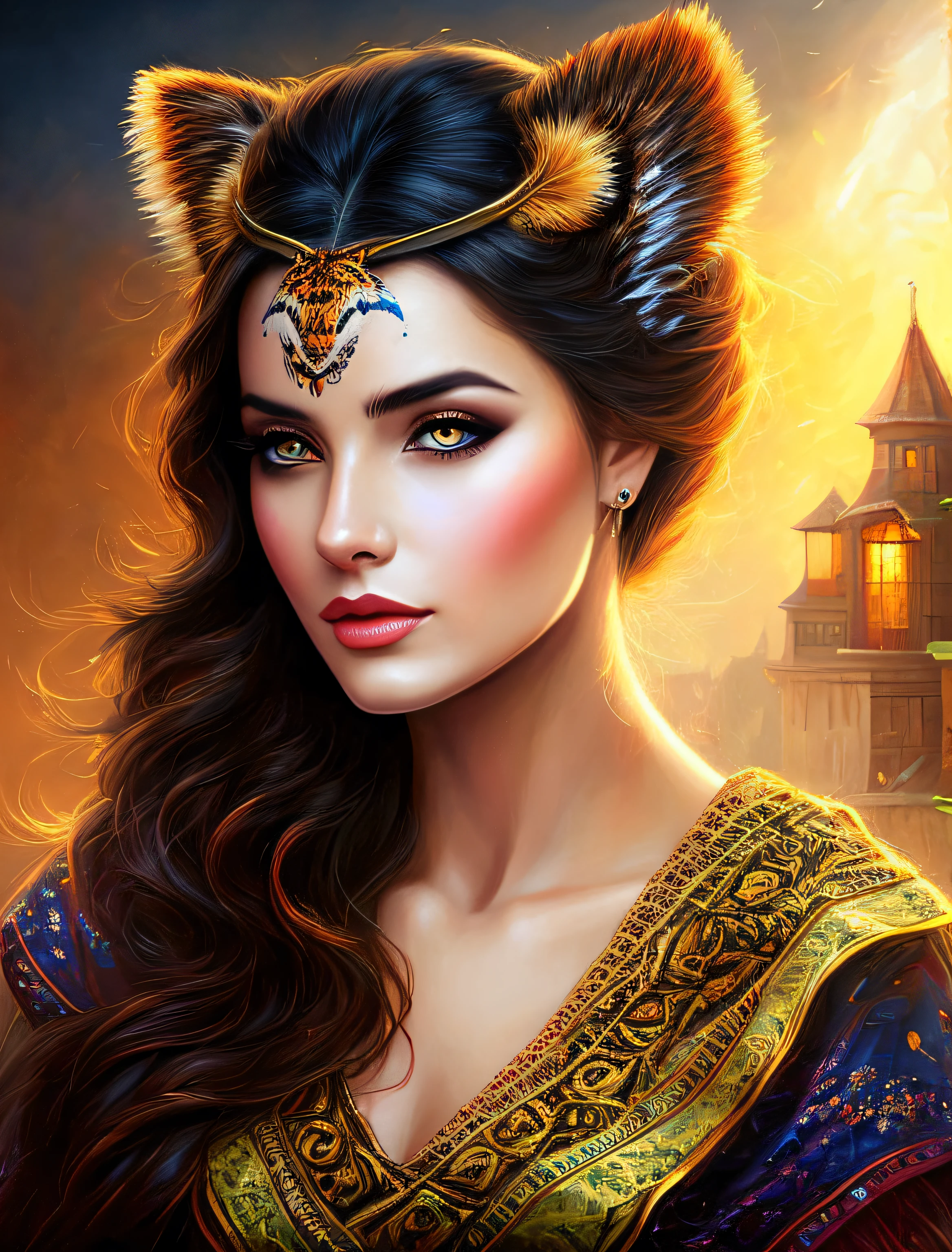 painting of a woman with a tiger on her head, stunning digital illustration, behance fantasy art, full length Aztec princess portrait, Karol Bak UHD, fantasy concept art portrait, fantasy portrait art, 4K detailed painting, Deviantart Artstation CGSCOSIETY, beautiful digital artwork, Alena Aenami and Artgerm, Warrior Amazon, Amazonian