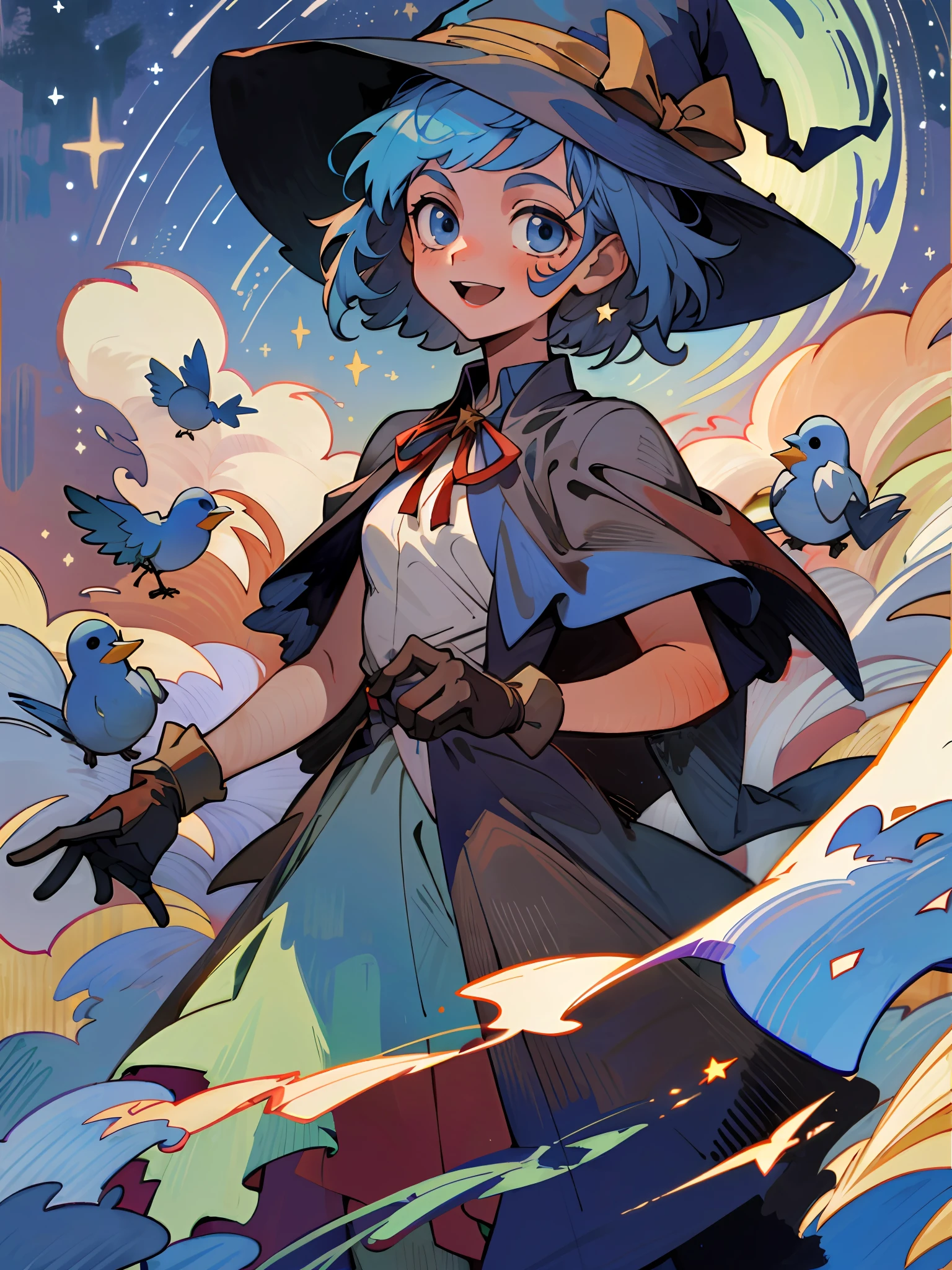 ((masterpiece:1.2, best quality)), 1girl, solo, (witch hat), a close up of a girl with short blue hair, short hair, dress, aurora, night, star (sky), gloves, sky, white dress, night sky, open smile mouth, starry sky, light blue eyes, ribbon, very shorthair, red dress, smile, hair ribbon, cape, blue hair, (bird), magic, casting spell, dark clouds, night, (impressionism:1.4), alphonse mucha,