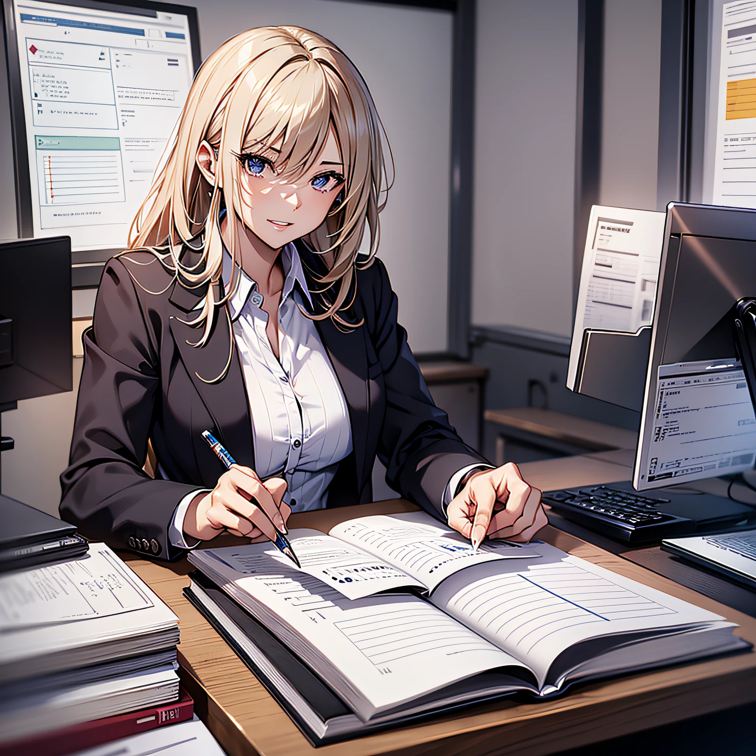 Sitting on a chair, explaining the materials on the table, photographed from the front, woman in a suit responding with a smile, insanely detailed description, anime style, background is an office. --auto