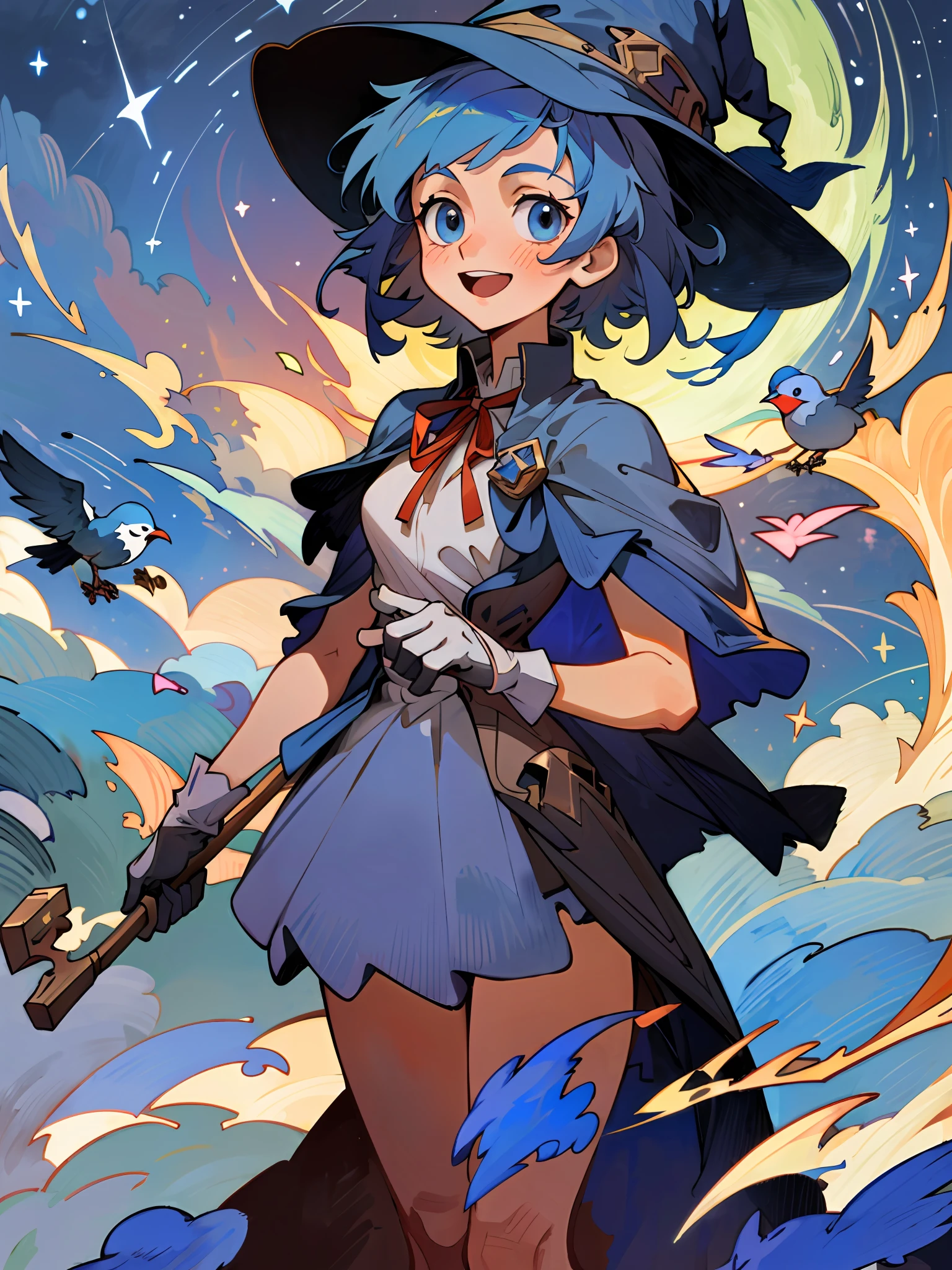 ((masterpiece:1.2, best quality)), 1girl, solo, (witch hat), a close up of a girl with short blue hair, short hair, dress, aurora, night, star (sky), gloves, sky, white dress, night sky, open smile mouth, starry sky, light blue eyes, ribbon, very shorthair, red dress, smile, hair ribbon, cape, blue hair, (bird), magic, casting spell, dark clouds, night, (impressionism:1.4), alphonse mucha,