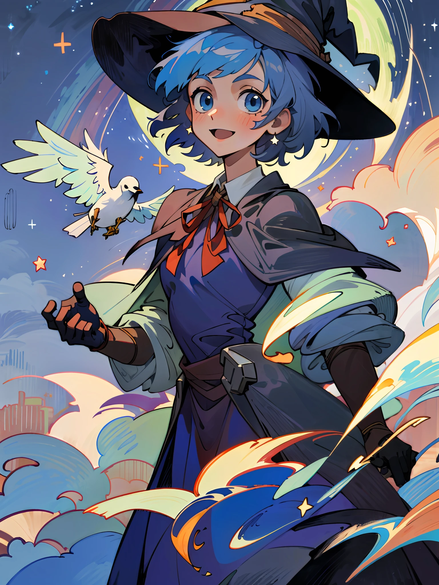 ((masterpiece:1.2, best quality)), 1girl, solo, (witch hat), a close up of a girl with short blue hair, short hair, dress, aurora, night, star (sky), gloves, sky, white dress, night sky, open smile mouth, starry sky, light blue eyes, ribbon, very shorthair, red dress, smile, hair ribbon, cape, blue hair, (bird), magic, casting spell, dark clouds, night, (impressionism:1.4), alphonse mucha,
