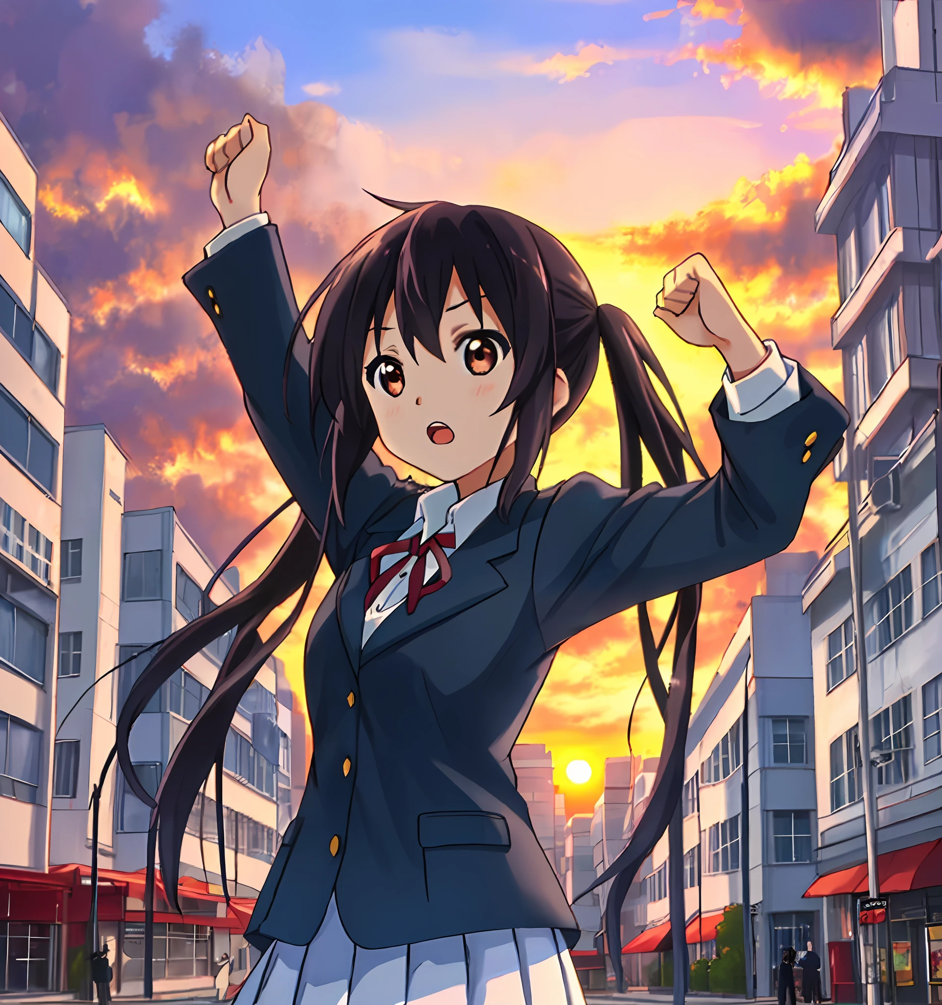 1girl, ((((Masterpiece))), Best Quality, Best Quality, High Detail, Azusa Nakano, 1girl, Sakuragaoka High School Uniform, Musical Instrument, School Uniform, Twin Tails, Long Hair, Black Hair, Brown Eyes, Solo, Red, Dark blue blazer with a thin ribbon of red, Solid white button shirt under blazer, Illustration, Cartoon, Soothing tones, Muted colors, Soft cinematic light, Adobe Lightroom, Photo Lab, HDR, complex and highly detailed, (((depth of field))))). (((Masterpiece))). (((highest quality))).) ((super detail))). (((Illustration))). (((fighting stance))).,((((Gigantic))).dynamic focus. (((skyscrapers))). (((Cityscape))). (((Despair Face))). open mouth. (((Sunset))). (((Sunset))). (((clench fists))). (((Proud))). (((small breasts))). (((Raise arms))). (((One arm is bent))).