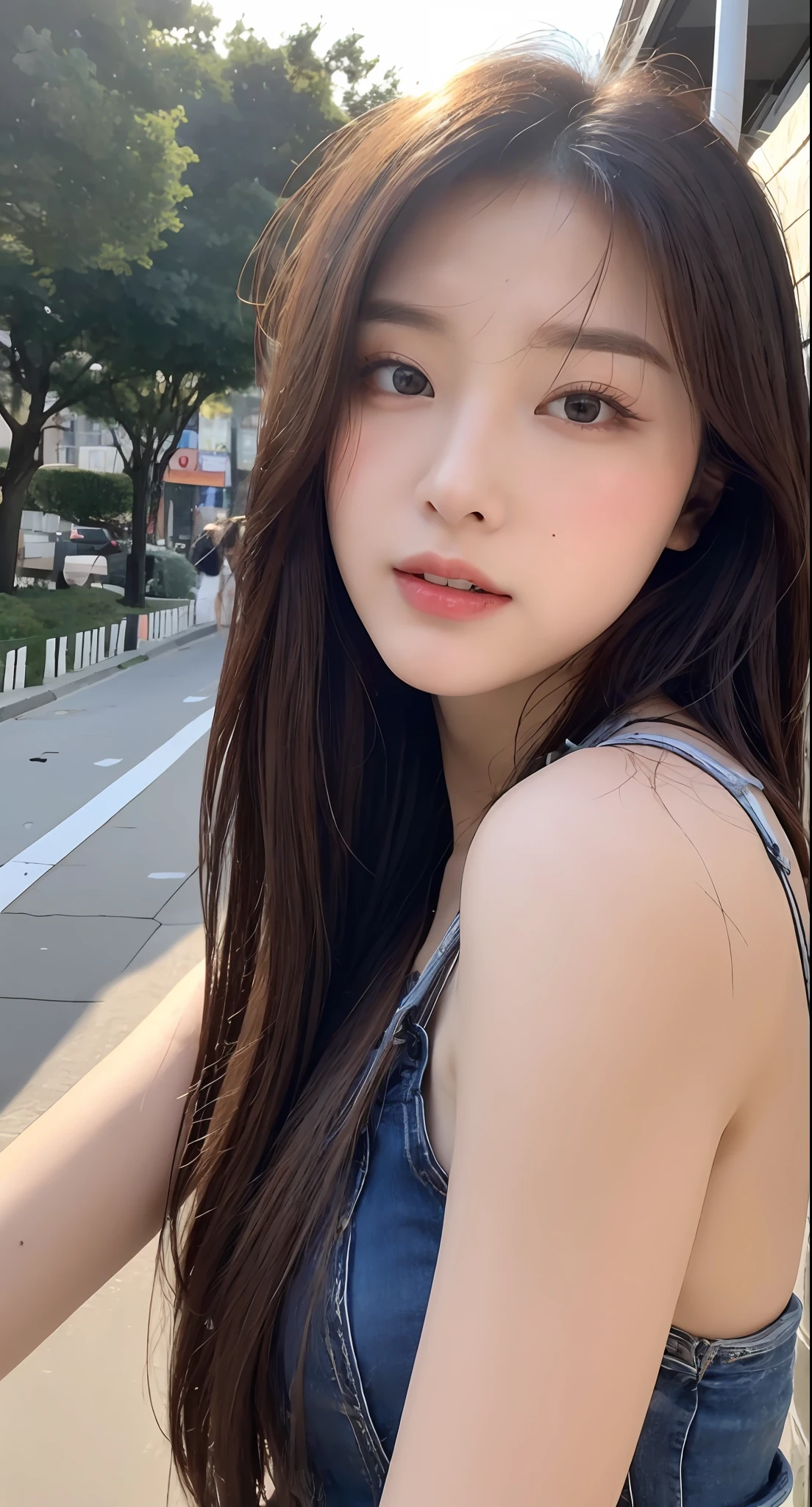 (1 Korean star with royal sister style), ((best quality, 8k, masterpiece: 1.3)), focus: 1.2, perfect body beauty: 1.4 , (funny expression), (night street: 1.3), highly detailed face and skin texture, fine eyes, double eyelids, whitened skin, (air bangs: 1.3), (round face: 1.5), (thin strap top: 1.4),