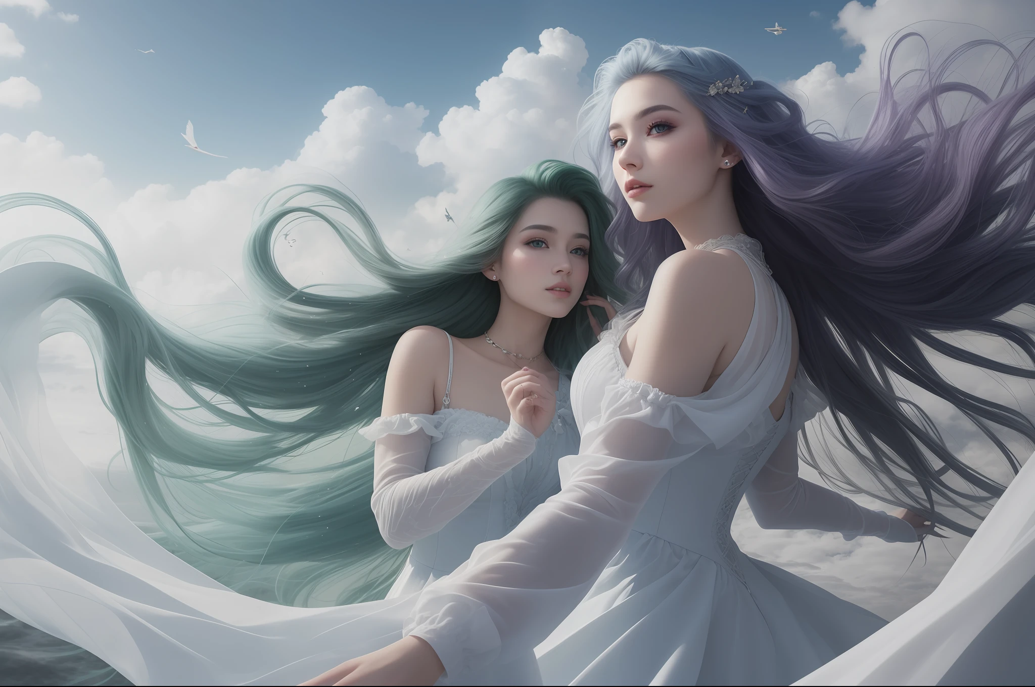 In a captivating image, an elegant green-haired woman dressed in a white medieval dress glides across the sky alongside another elegant woman with bluish hair and blue medieval dress, As they traverse the skies, her flowing dress and iridescent hair create a mesmerizing vision of harmony and supernatural beauty.
HDR, (photorealism, masterpiece quality, best quality), , pureerosface_v1, ulzzang-6500-v1.1,