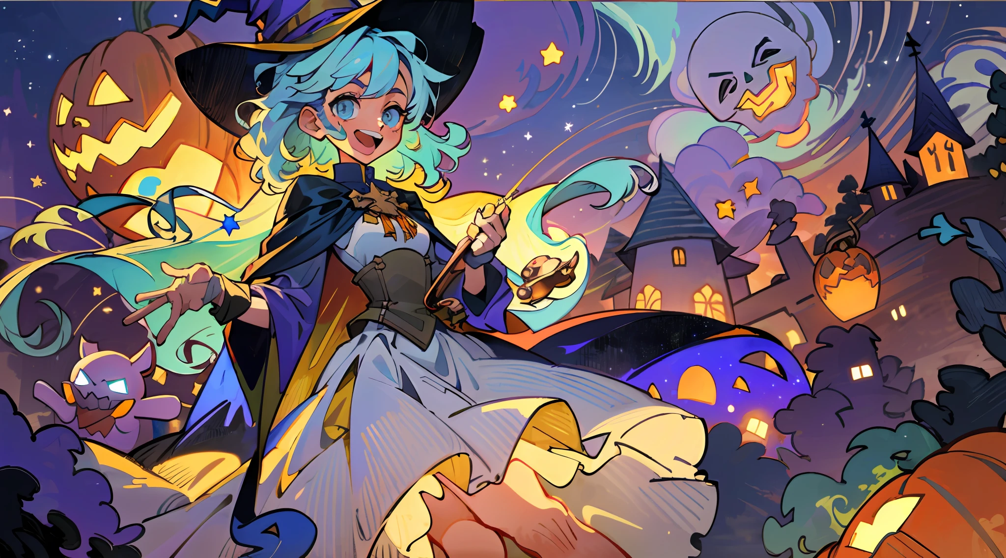((masterpiece:1.2, best quality)), 1girl, solo, (witch hat), a close up of a girl with curly hair, dress, aurora, night, star (sky), gloves, sky, dress, night sky, open mouth, starry sky, light blue eyes, ribbons, smile, cape, colorful hair, magic, casting spell, night, (impressionism:1.4), alphonse mucha, Halloween colors, colorful candy, magical lights, pumpkins, candies, spooky castle cathedral background