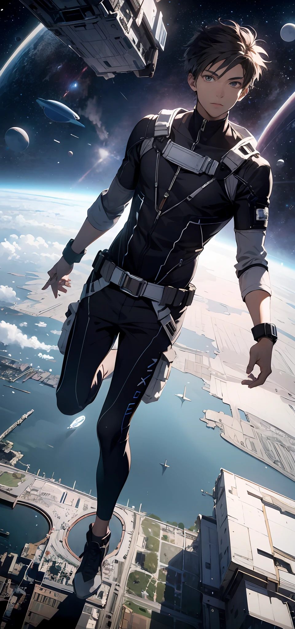 ridiculous resolution, high resolution, (masterpiece:1.4), super detailed, 1boy, seen from above, space, floating, --v 6