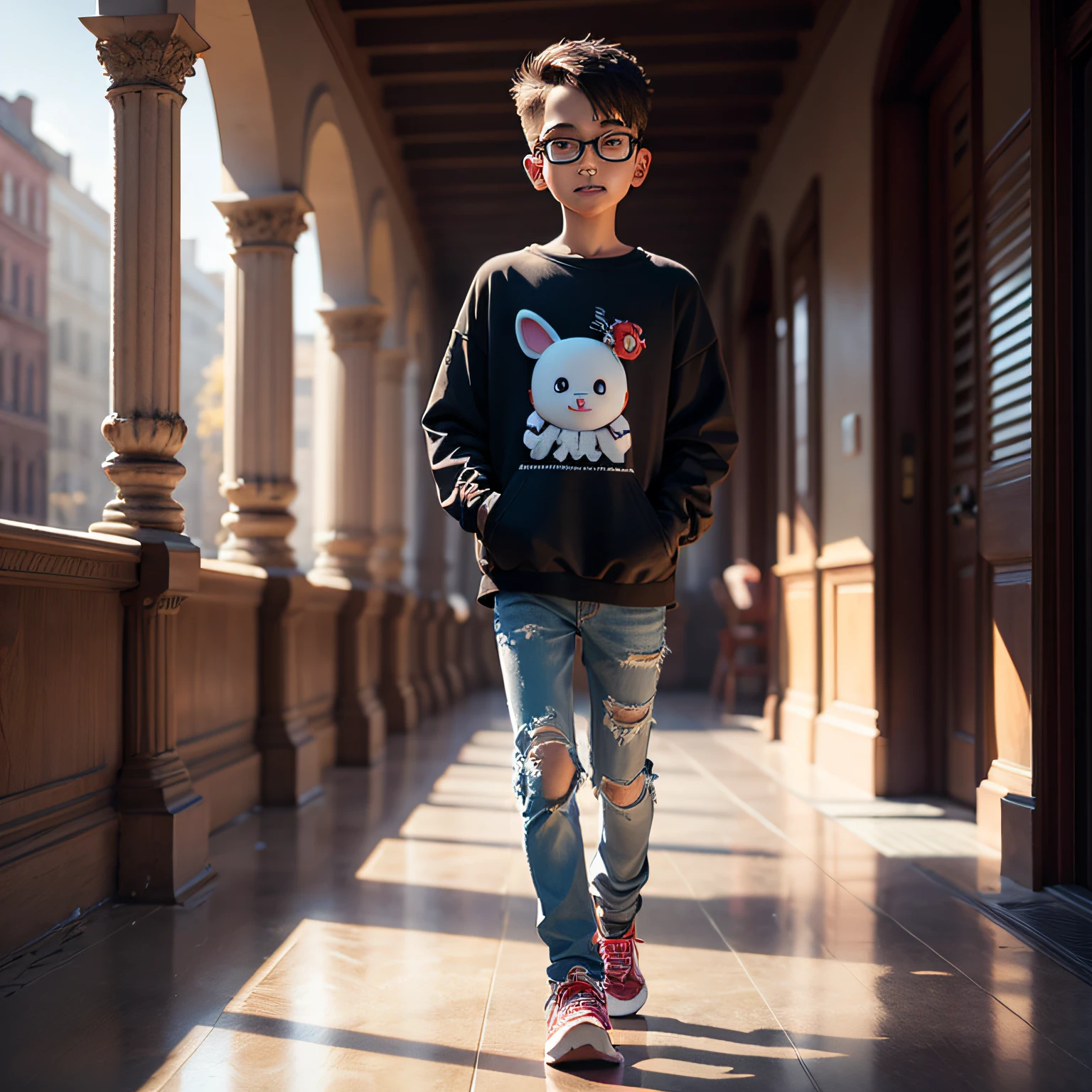 Cute little 9 year old male programmer, huge head, Undercut hair shot, wearing round thin frame glasses, highly detailed eyes, frontal, skinny, wearing gradient long sleeve shirt and dark blue jeans and black running shoes, serious humor, full body vision, highly detailed hands, toy figures, best quality, 3d cartoon, Full body vision, fantasy, dream, surrealism, super beautiful, trend at Artstation --auto