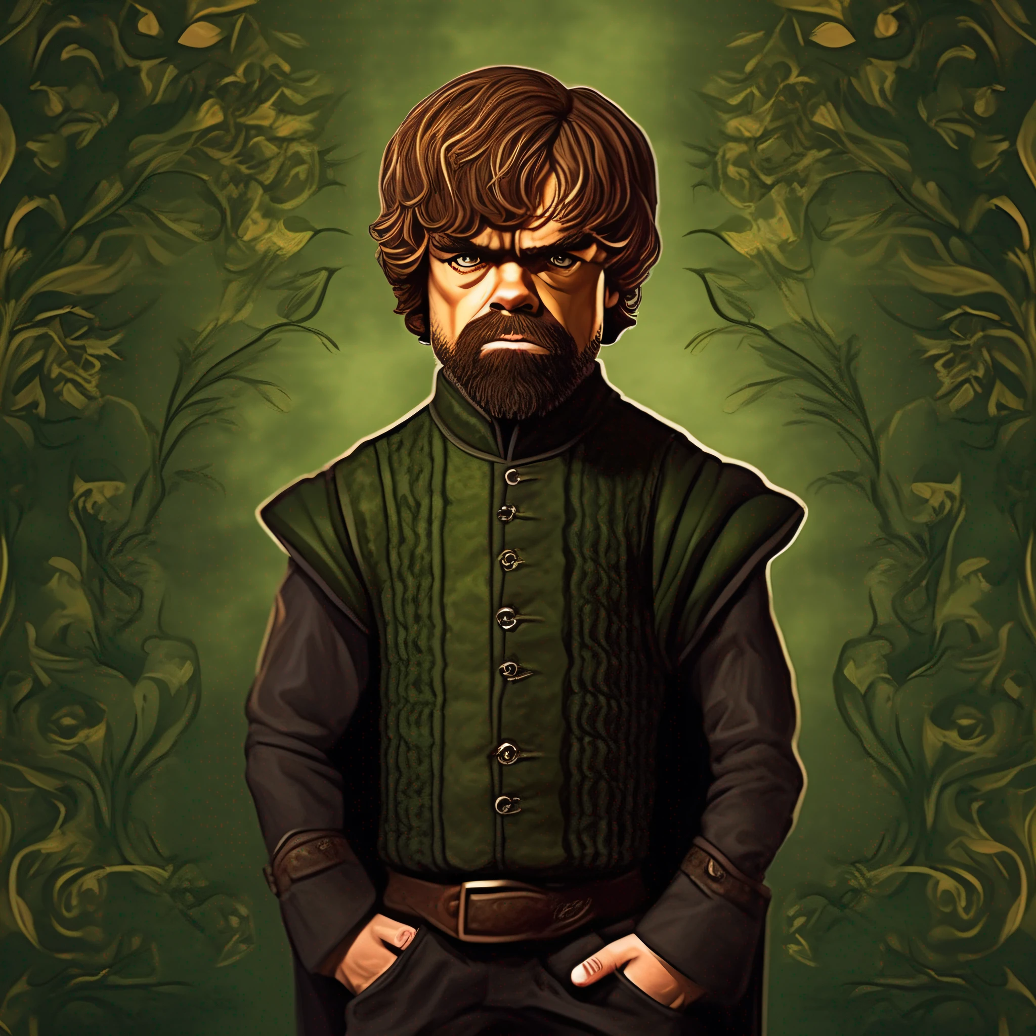 Tyrion Lannister is a man of short stature, with a striking and captivating appearance, wavy brown hair and a well-groomed beard, His eyes, of a penetrating dark green hue, reveal a sharp intelligence and a shrewd brilliance that characterizes him, confident posture and a magnetic presence, His figure is expertly dressed in elegant and sophisticated clothes, which enhance his refined personality,  Tyrion's face is marked by subtle scars, His expression is often adorned with a wry smile, a window into his shrewd and insightful sense of humor, WINE, WOMEN.
