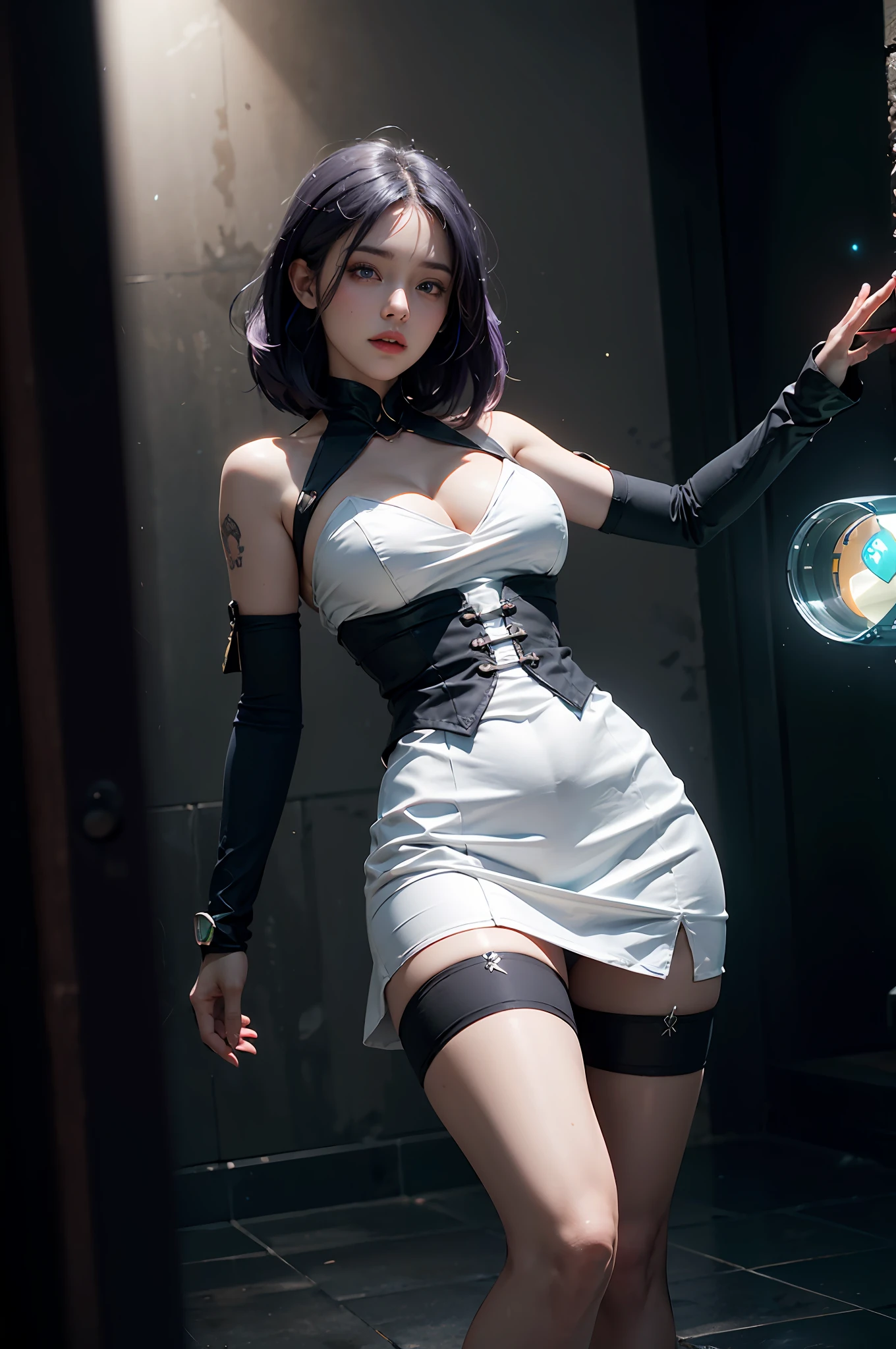 1 girl, purple hair, flowing, blue eyes, red face, slightly open lips, full and symmetrical breasts, raised buttocks, tight hip skirt (mainly white, with black and green trim), black knee-length stockings, white high heels, various hairstyles, tattoos, chest bump close-up, buttocks close-up, multiple angles, seen from below, black sky, gloomy room, dim lighting, dynamic angle, flowing, 8k wallpaper, masterpiece, best quality, super detailed, best lighting, best shadows, HDR (High Dynamic Range), Ray Tracing, NVIDIA RTX, Super Resolution, Unreal 5, Subsurface Scattering, PBR Textures, Post Processing, Anisotropic Filtering, Depth of Field ,Maximum Sharpness and Acutance, Multi-layer Textures, Albedo and Highlight Mapping, Surface Shading, Accurate Simulation of Light-Material Interactions, Octane Rendering, Two-tone Lighting, Low ISO, White Balance, Rule of Thirds, Large Aperture, 8K RAW, High Efficiency Sub-Pixel, Subpixel Convolution, (Glowing Particle: 1.4), {{Masterpiece, Best quality, extremely detailed CG, Unity 8k wallpaper, 3D, cinematic lighting, lens flares}},
