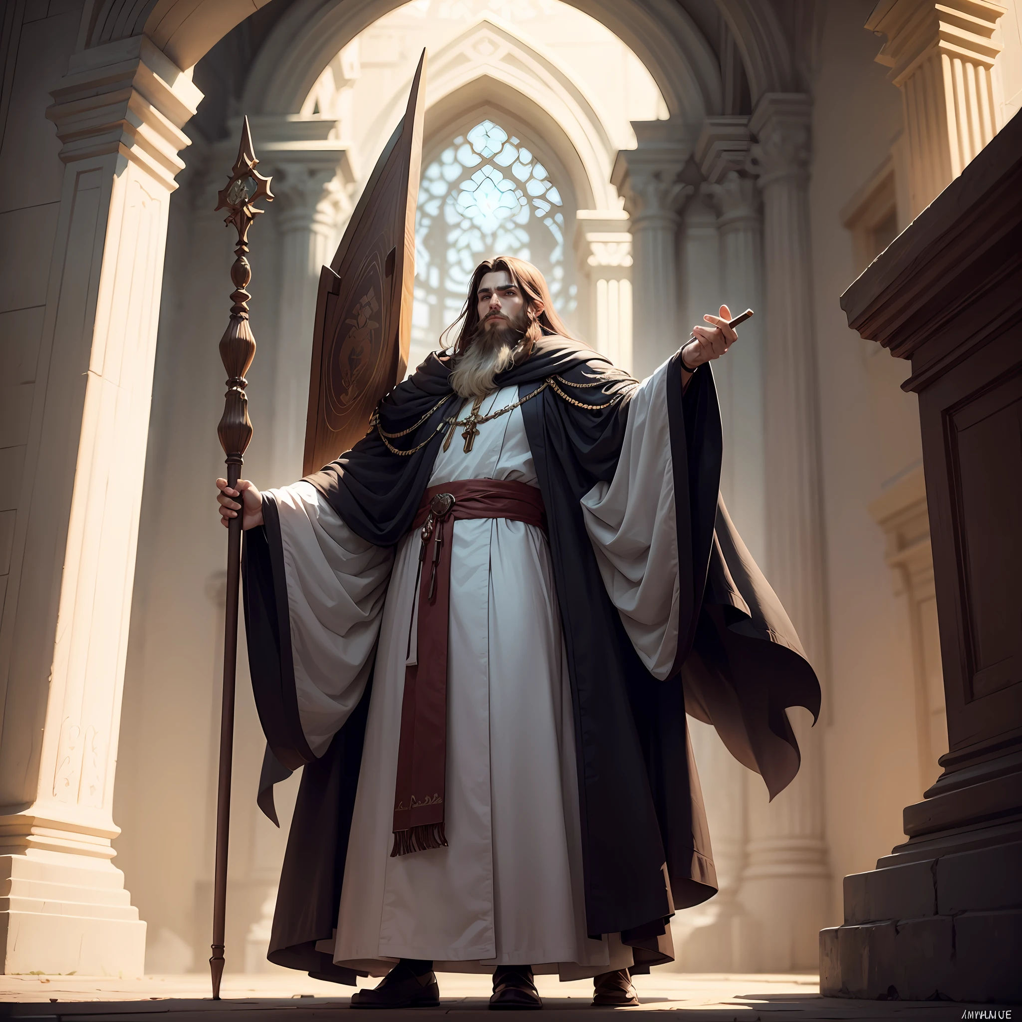 A man, human with average height, long brown hair, short beard and serene eyes. He is wearing religious robes and holding a sacred staff. Anime rpg template --auto