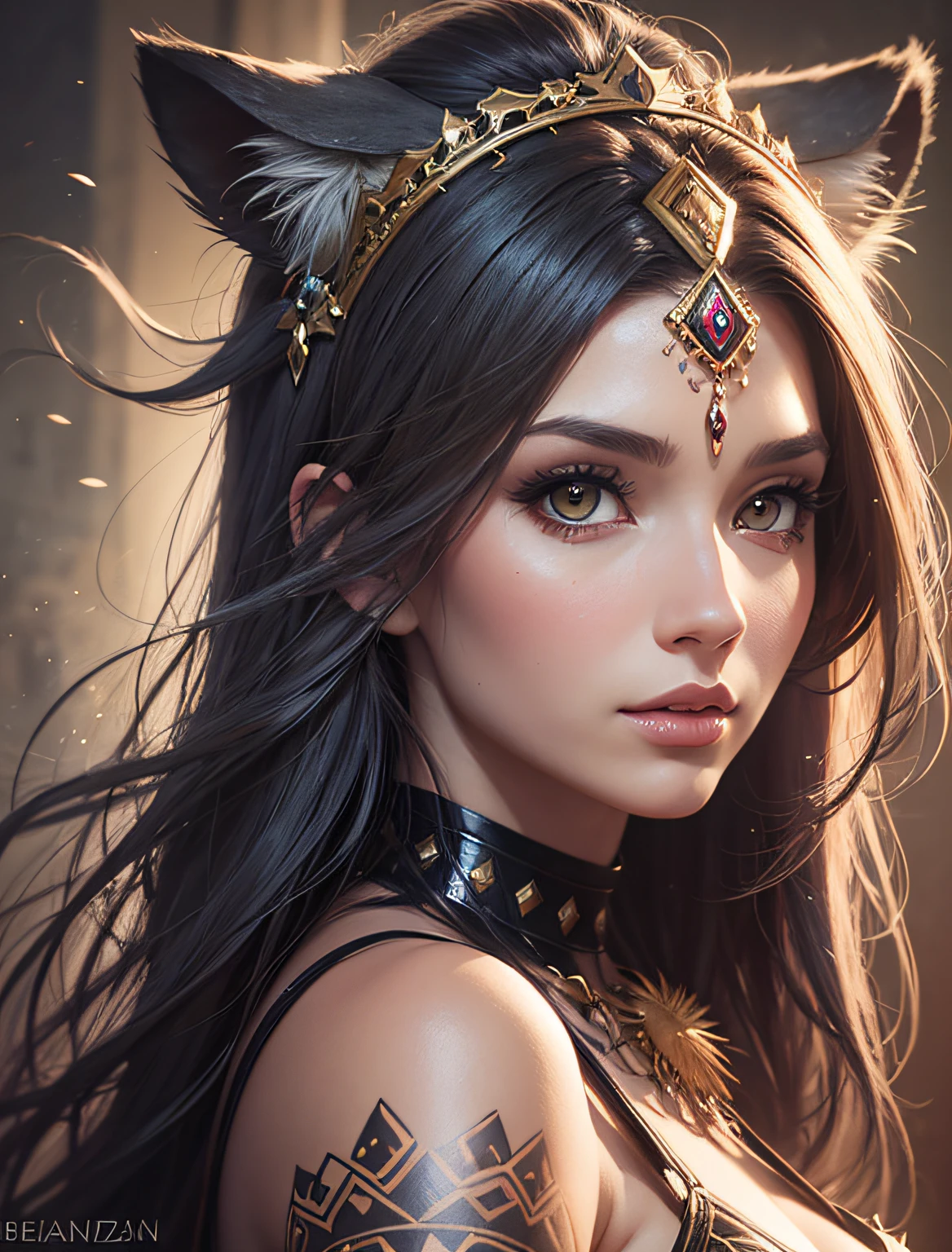 painting of an Amazon woman in anime style with a tiger on her head, stunning digital illustration, behance fantasy art, full body Aztec princess portrait, Karol Bak UHD, fantasy concept art portrait, fantasy portrait art, 4K detailed painting, Deviantart Artstation CGSCOSIETY, beautiful digital artwork, Alena Aenami and Artgerm,  amazon warrior, amazonian