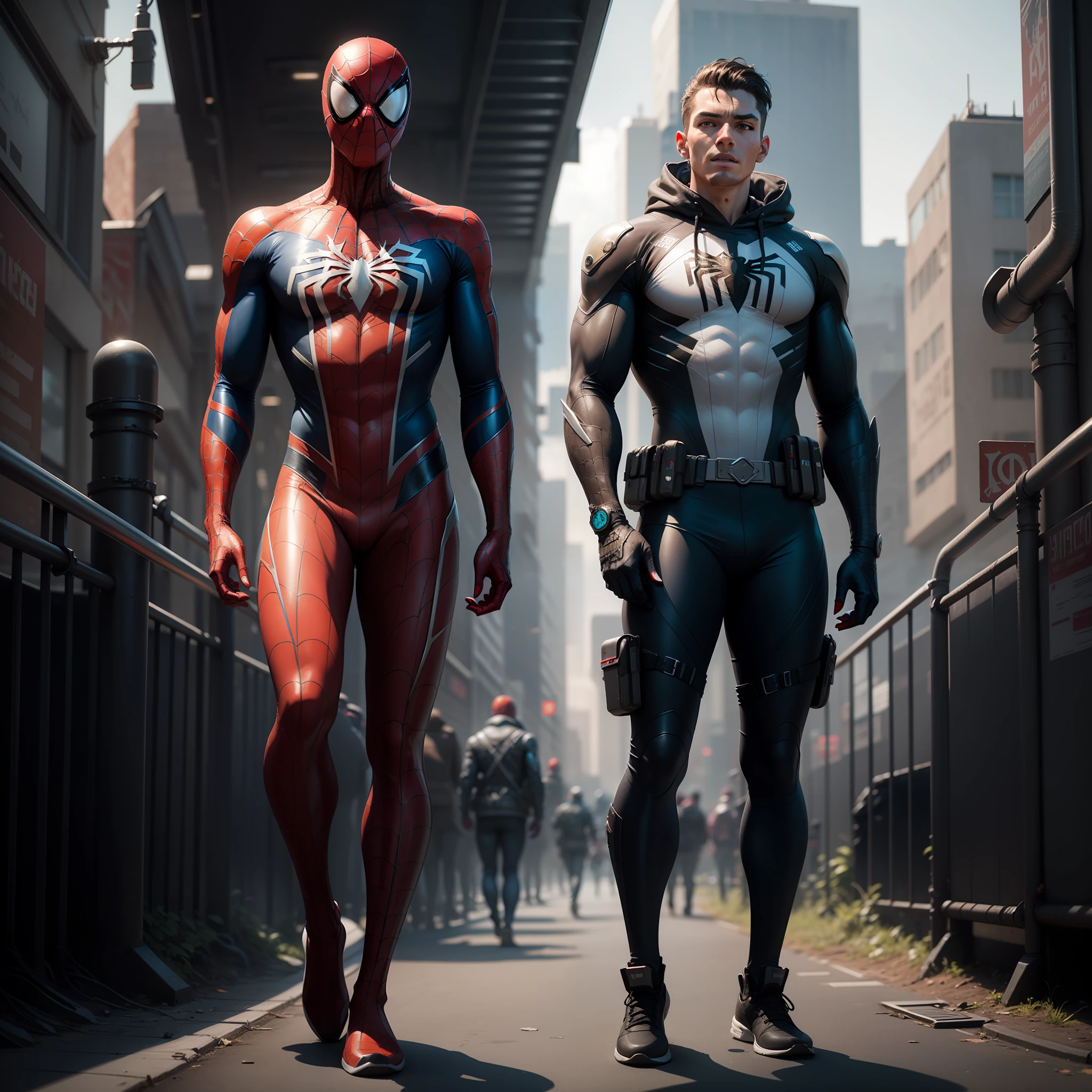 Spiderman white costume, full body, well detailed face, well detailed body, realistic utra, cyberpunk city, futuristic, bright colors, 8k, best quality