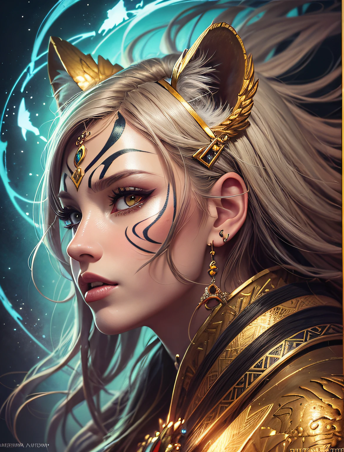 painting of an Amazon woman in anime style with a tiger on her head, stunning digital illustration, behance fantasy art, full body Aztec princess portrait, Karol Bak UHD, fantasy concept art portrait, fantasy portrait art, 4K detailed painting, Deviantart Artstation CGSCOSIETY, beautiful digital artwork, Alena Aenami and Artgerm,  amazon warrior, amazonian