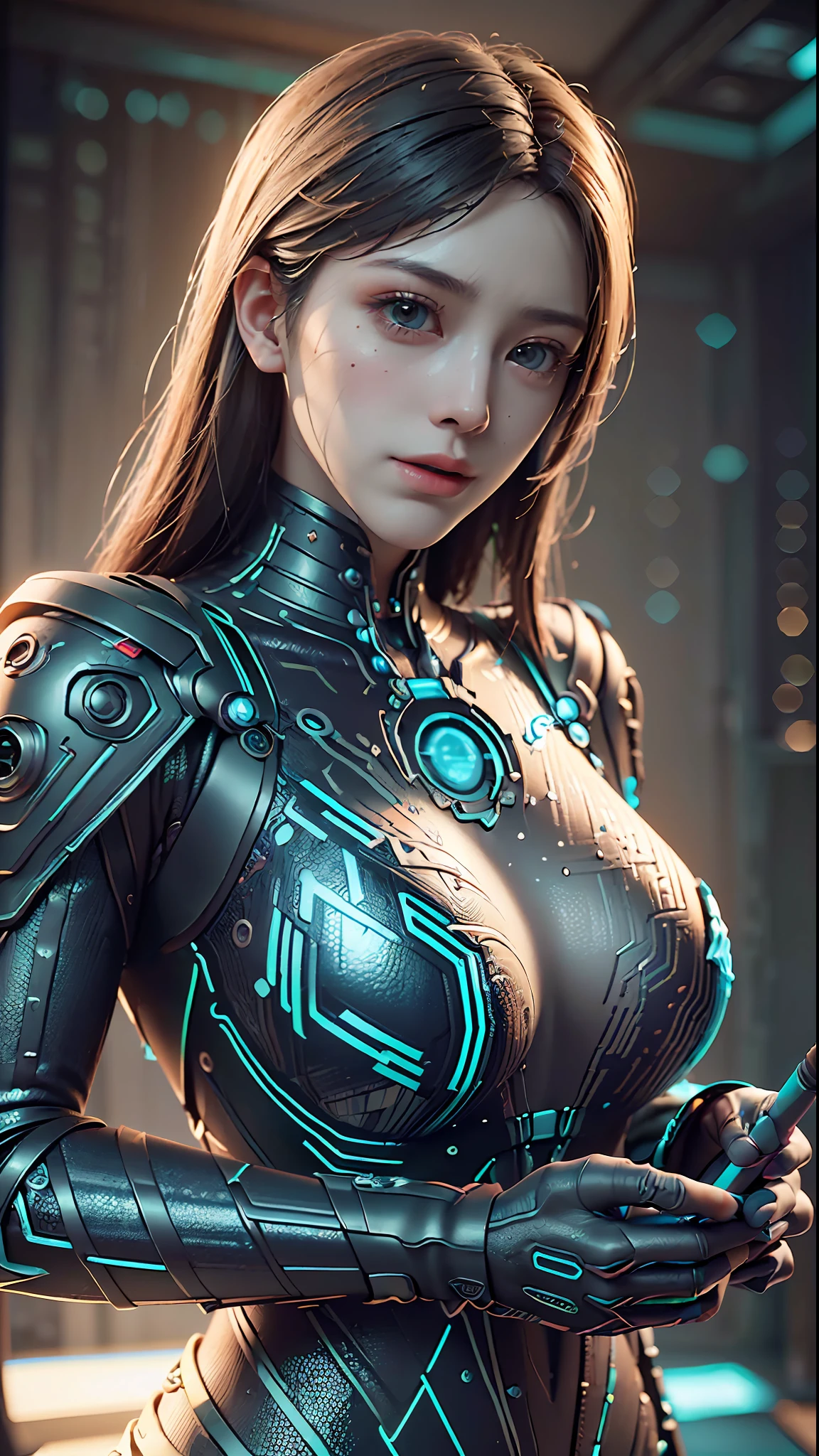 ((Best quality)), ((masterpiece)), (detailed:1.4), 3D, a beautiful cyberpunk female figure with thick hair, indoors, looking at an electronic screen, thinking about problems, looking focused, holding an electronic pen in hand, inside the spaceship, (((seven-dimensional photo)), (full-coverage electronic leather clothing), luminescence, light particles, (((glow)), pure energy chaos anti-technology, HDR (high dynamic range), (high light and dark contrast), ray tracing, NVIDIA RTX, Super-Resolution, Unreal 5, Subsurface scattering, PBR Texturing, Post-processing, Anisotropic Filtering, Depth-of-field, Maximum clarity and sharpness, Multi-layered textures, Albedo and Specular maps, Surface shading, Accurate simulation of light-material interactions, Perfect Proportions, Octane Render, two-tone lighting, large aperture, low ISO, white balance, rule of thirds, 8K RAW