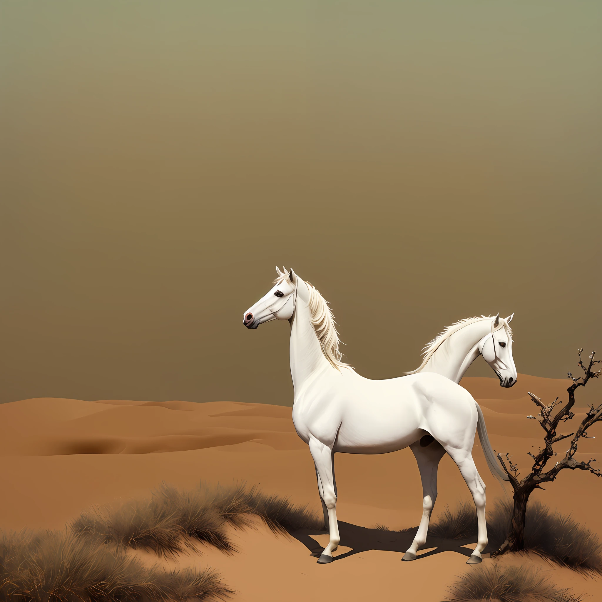 there is a white horse standing on the nevey on a hill, a white silver painting, an all-white horse, digital horse, inspired by John Frederick Herring, Jr., white horse, inspired by John Frederick Herring, Sr., digital art of an elegant costume, sand desert, Arab, white desert, white desert background, horse on top, smooth. digital painting Hibiscus flower blooming on a twisted branch against a gray background, simple background, in light orange and light beige style, minimalist images, photographic installations, paleocore, green and crimson, hyper-realistic poetic intimacy