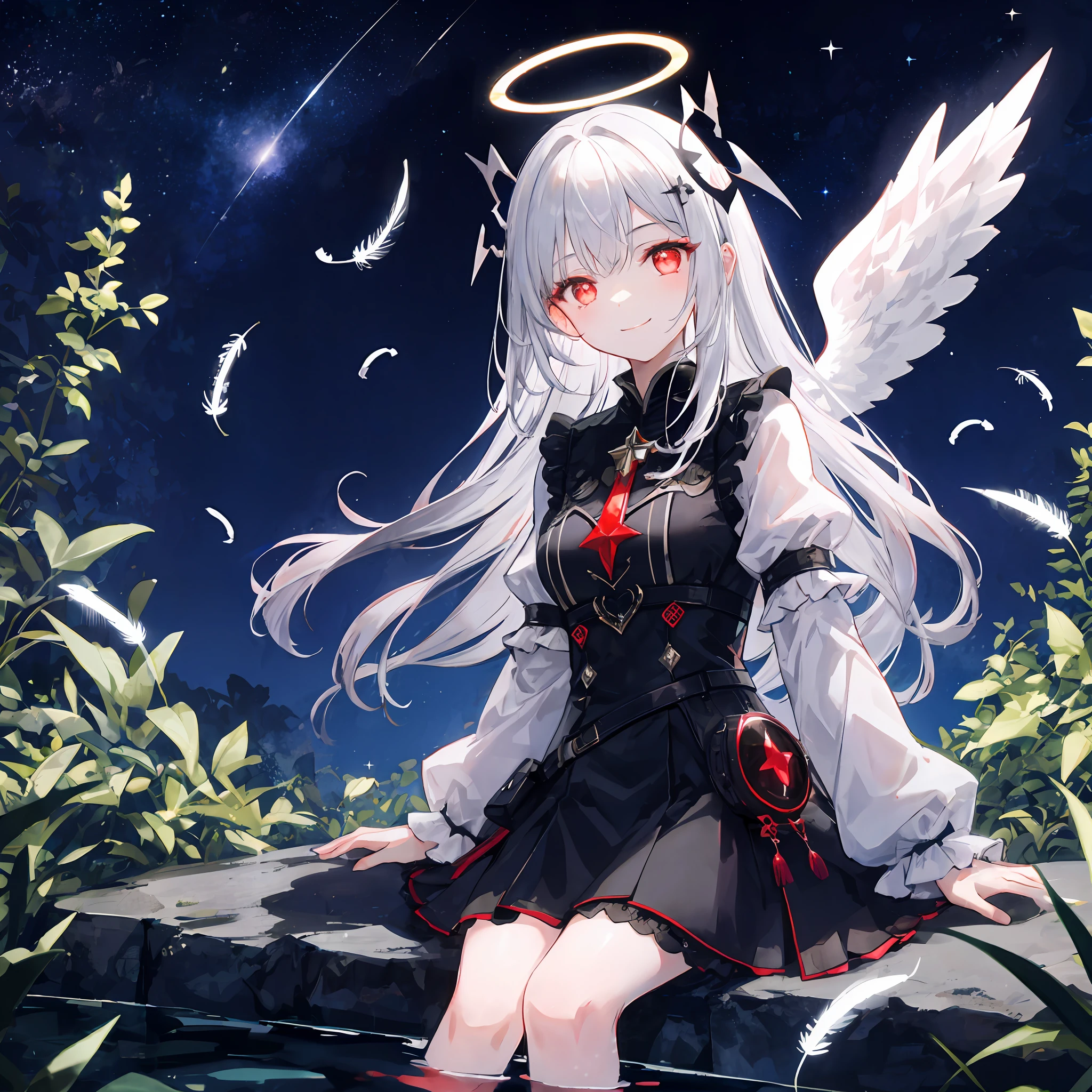 1girl, angel, cute,happy,gorgeos, sitting in a dark water, (red halo), glowing eyes, red eyes, angel wings, holy, black water,sensual, black tunic, feathers, confident, smile, expressive eyes, collofull eyes, contrast, shadows, masterpiece, digital art, cosmycal sky, stars,constalations, red stars,
