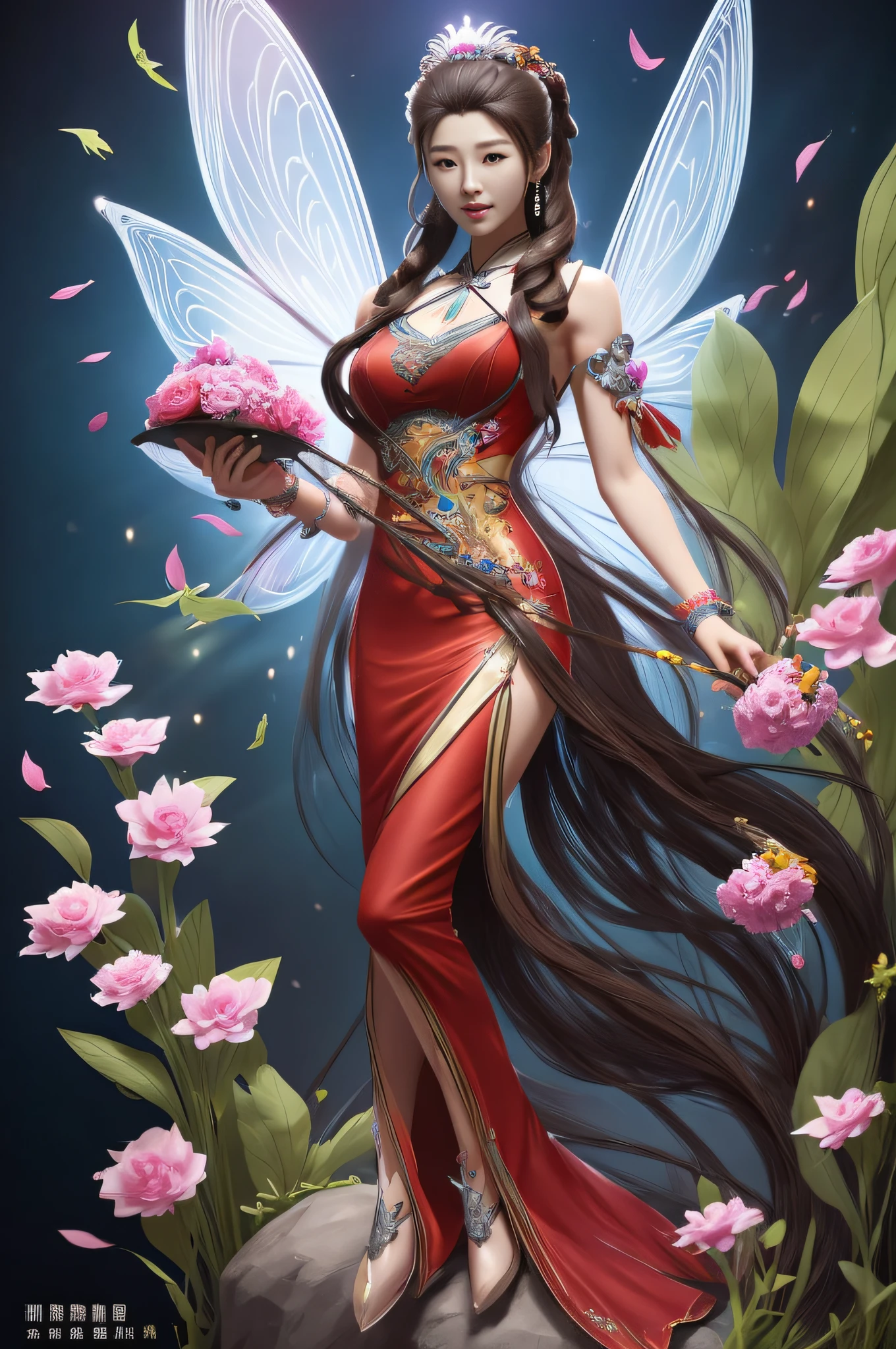 gorgeous Aerith Gainsborough from Final Fantasy VII remake in a red dress and earrings, ((sculptural body)), Mu Yanling, Queen of the Sea, inspired by Shen Shizhen, inspired by Li Meishu, inspired by Huang Ji, inspired by Lan Ying, inspired by Qiu Ying, inspired by Ma Yuanyu, inspired by Wang Meng, full body fairy, inspired by Park Hua, 4K picture quality, PBR rendering, UE engine --auto