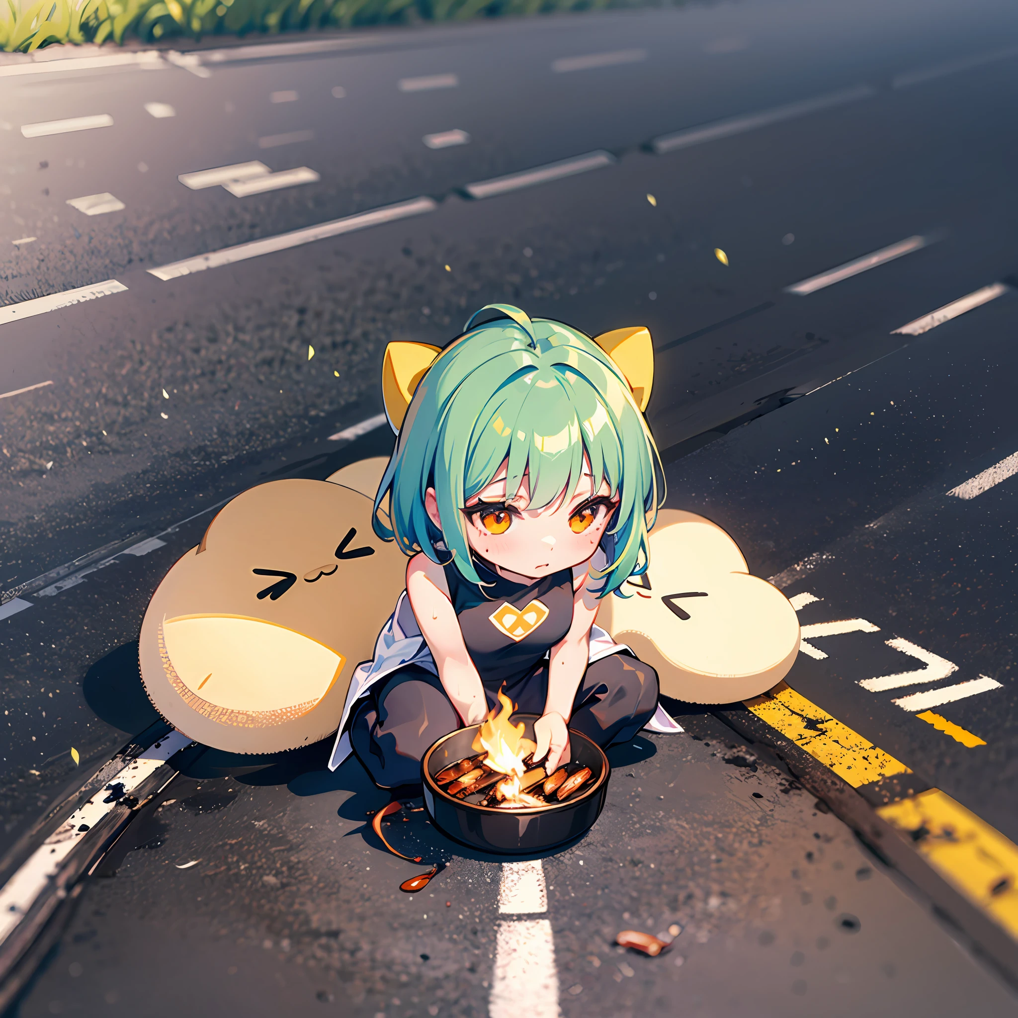 ((Chibi Chara)), Fluffy, Girl, Baked on Asphalt, Asphalt BBQ, Burning on Asphalt, Sweaty, Scorching, Midsummer, Charred, Chibi Chara, Full Body, Pastel Hair, Masterpiece, Best Quality, 16k