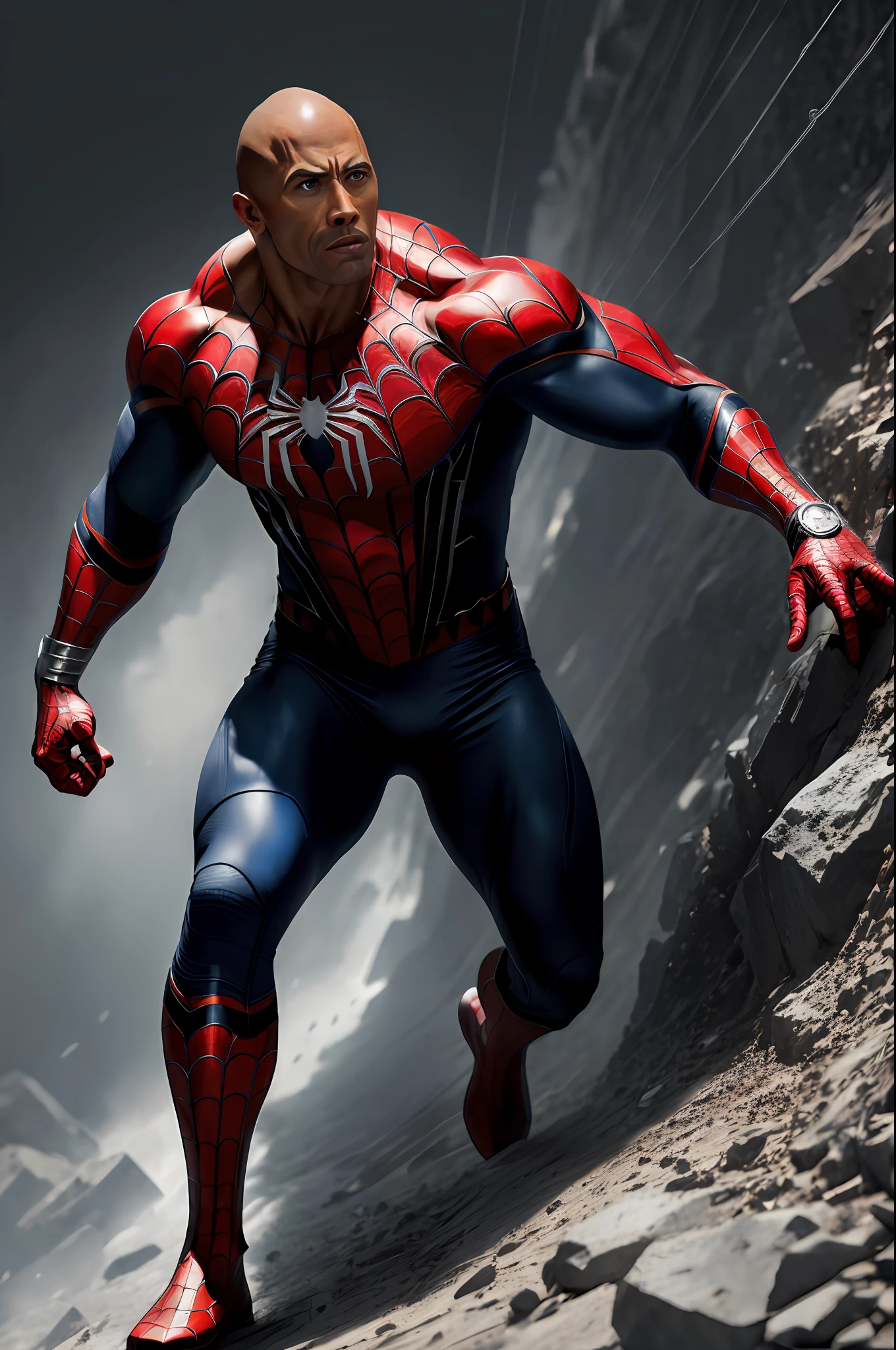 (16k, RAW photo, best quality, masterpiece: 1.2), ultra-detailed, formal art, photo realism: 1.37, full body photo, (man, beauty,( Dwayne Johnson)film grain, action pose,Spider-Man,details ,webs