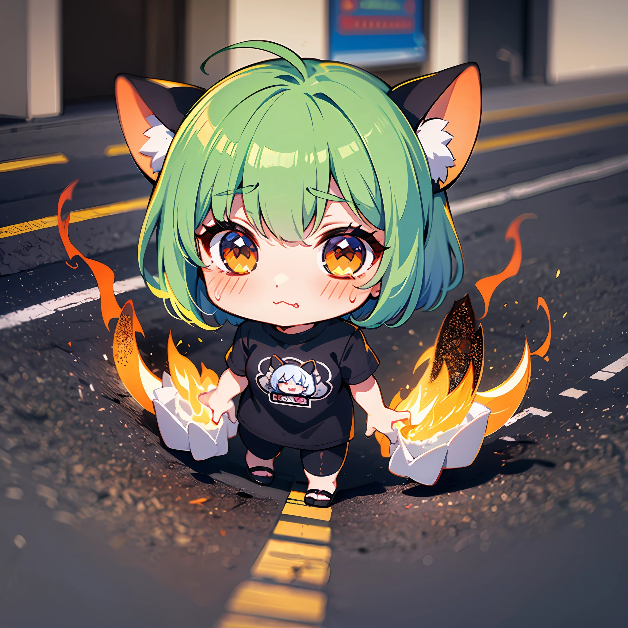 ((Chibi Chara)), Fluffy, Girl, Baked on Asphalt, Asphalt BBQ, Burning on Asphalt, Sweaty, Scorching, Midsummer, Charred, Chibi Chara, Full Body, Pastel Hair, Masterpiece, Best Quality, 16k