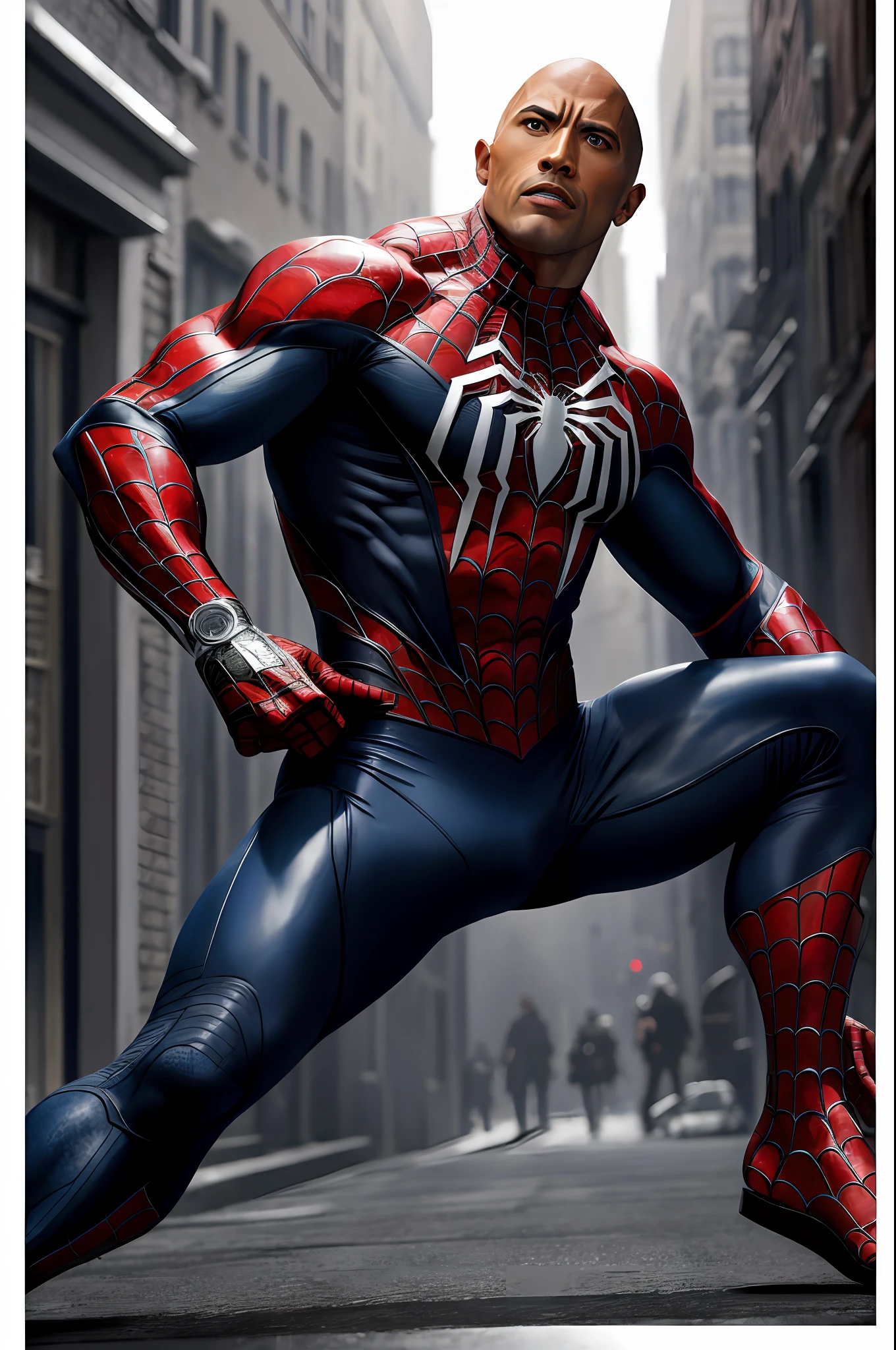 (16k, RAW photo, best quality, masterpiece: 1.2), ultra-detailed, formal art, photo realism: 1.37, full body photo, (man, beauty,( Dwayne Johnson)film grain, action pose,Spider-Man,details ,webs